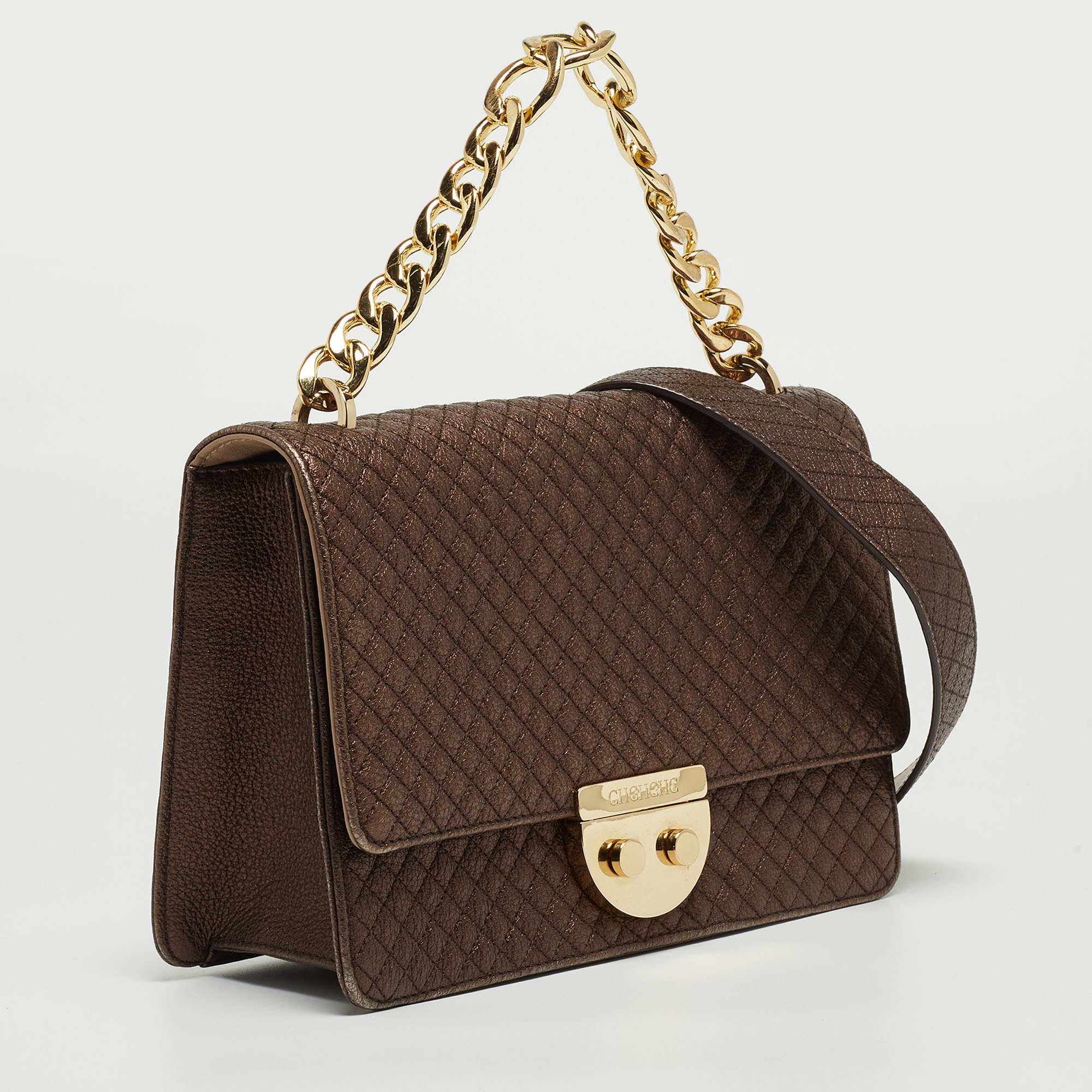 Carolina Herrera Metallic Brown Quilted Leather Chain Detail Top Handle Bag