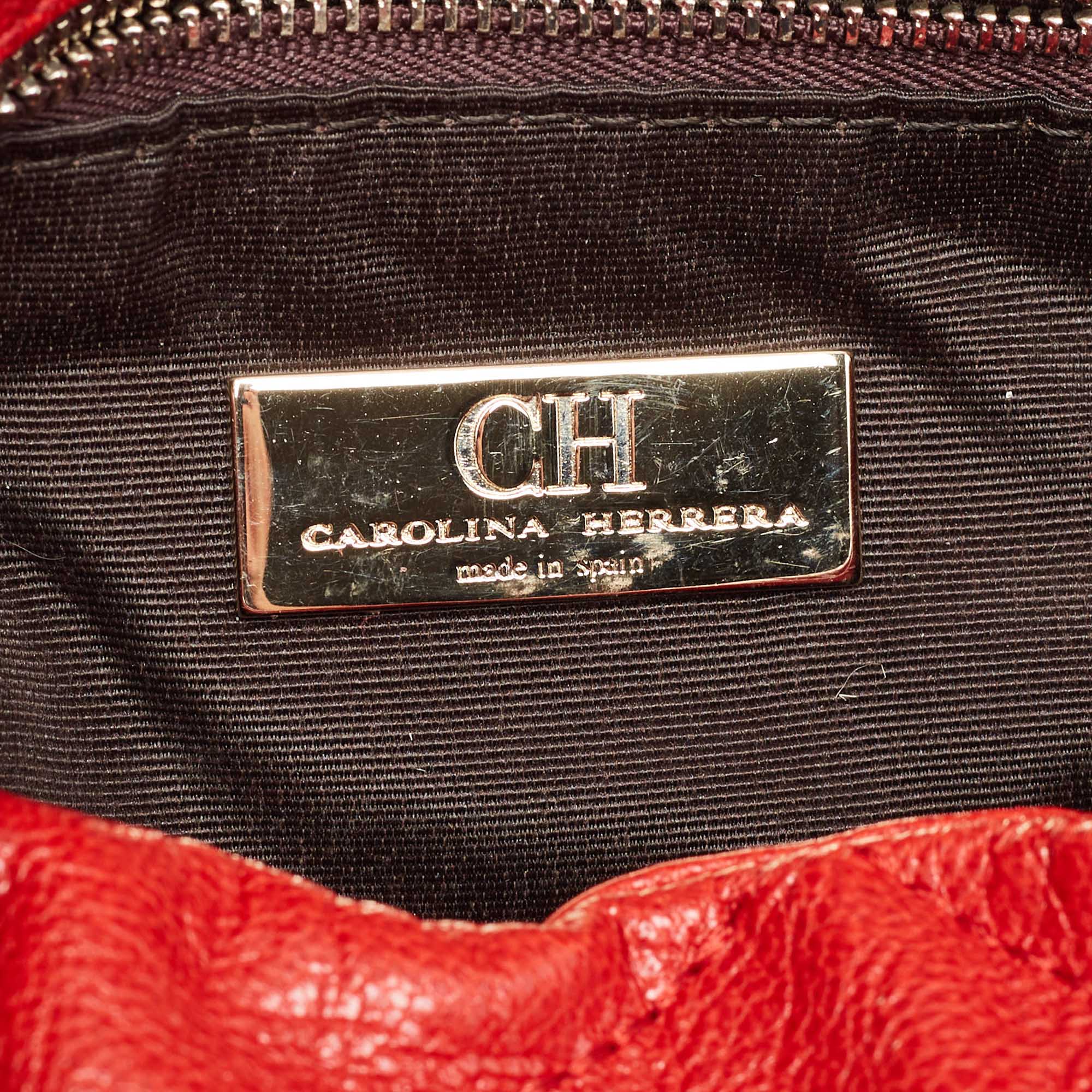 Carolina Herrera Red CH Embossed Leather Flap Chain Shoulder Bag