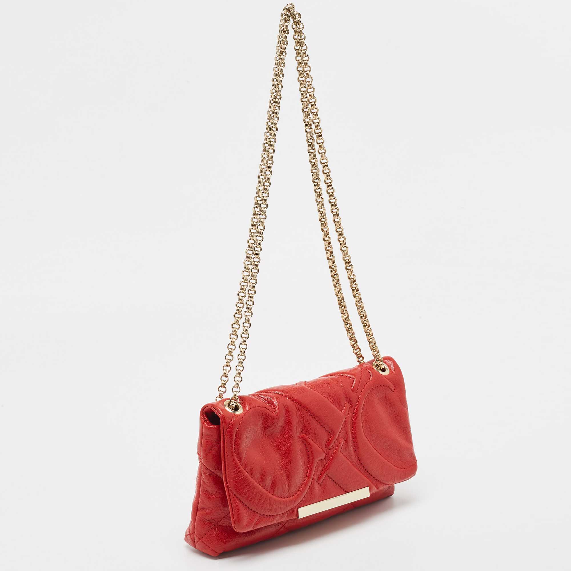 Carolina Herrera Red CH Embossed Leather Flap Chain Shoulder Bag