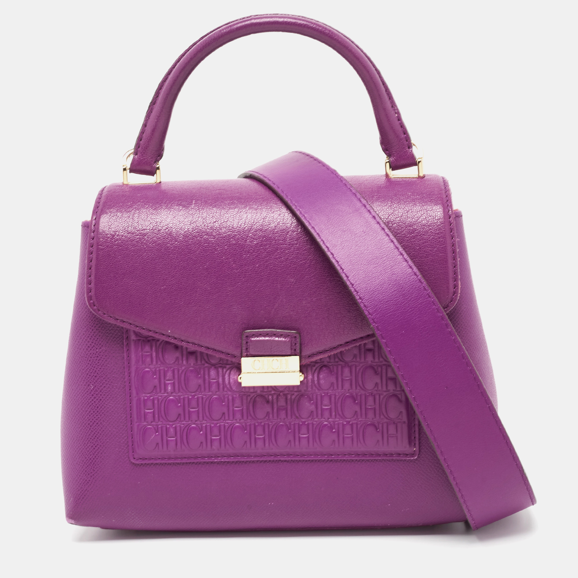 Carolina Herrera Purple Monogram Embossed Leather Top Handle Bag