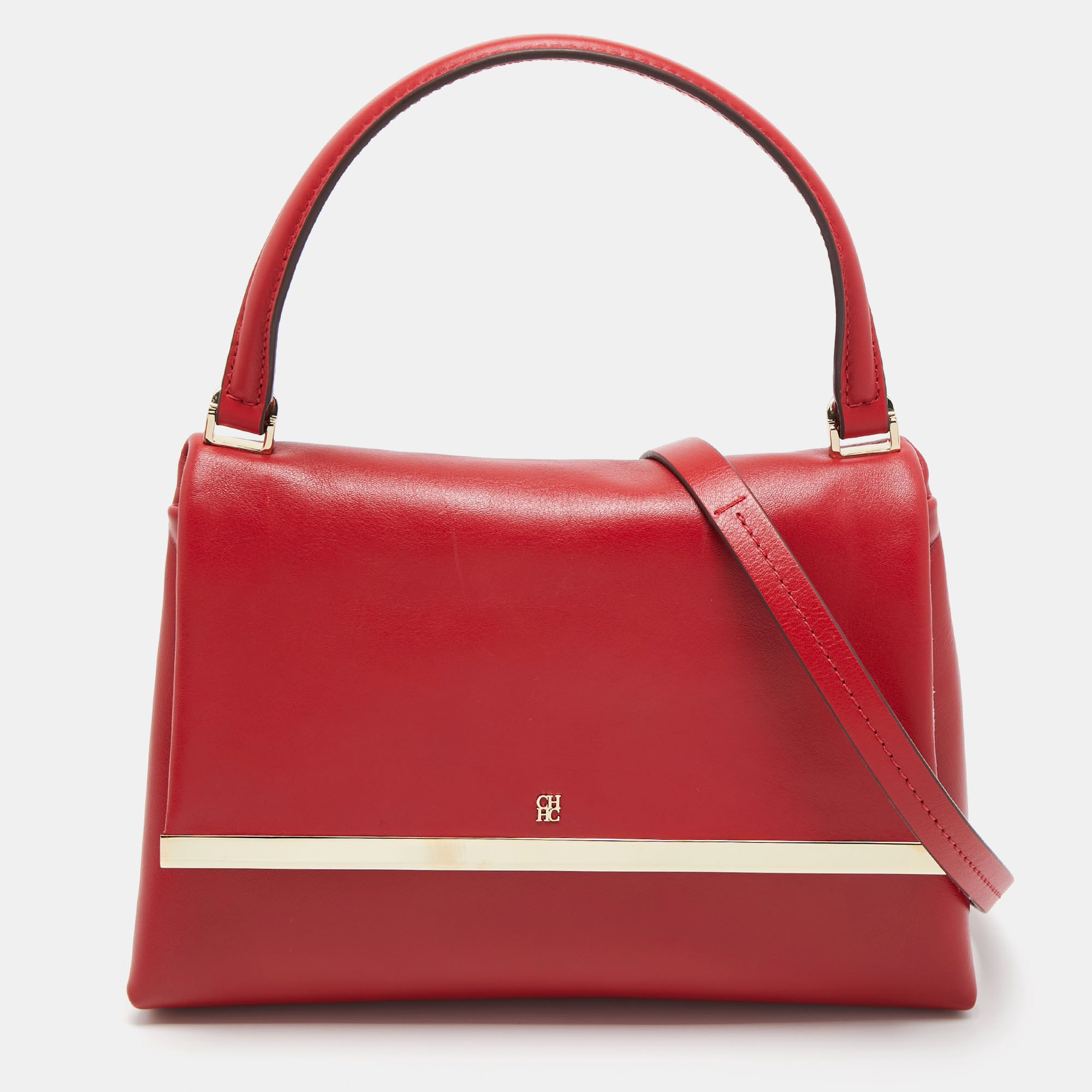 Carolina Herrera Red Leather Metal Bar Flap Top Handle Bag