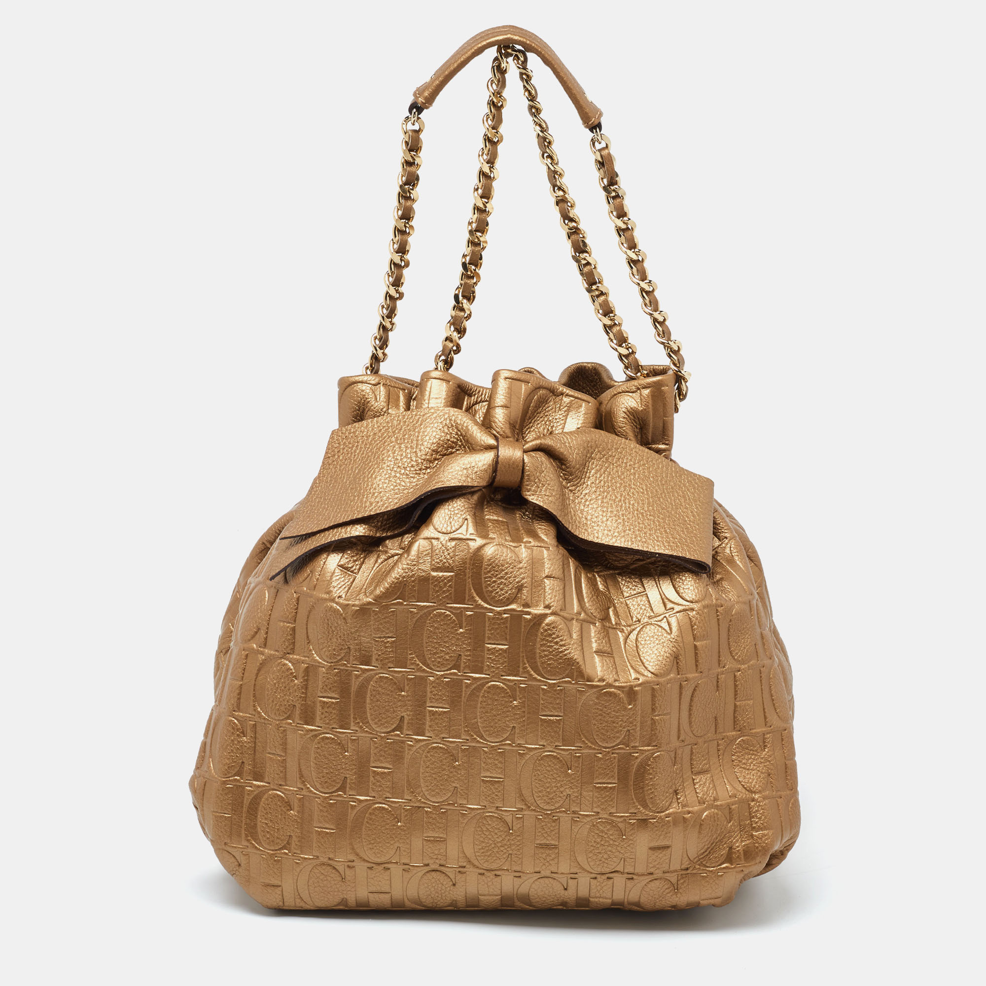 Ch carolina herrera gold embossed leather bow bucket bag