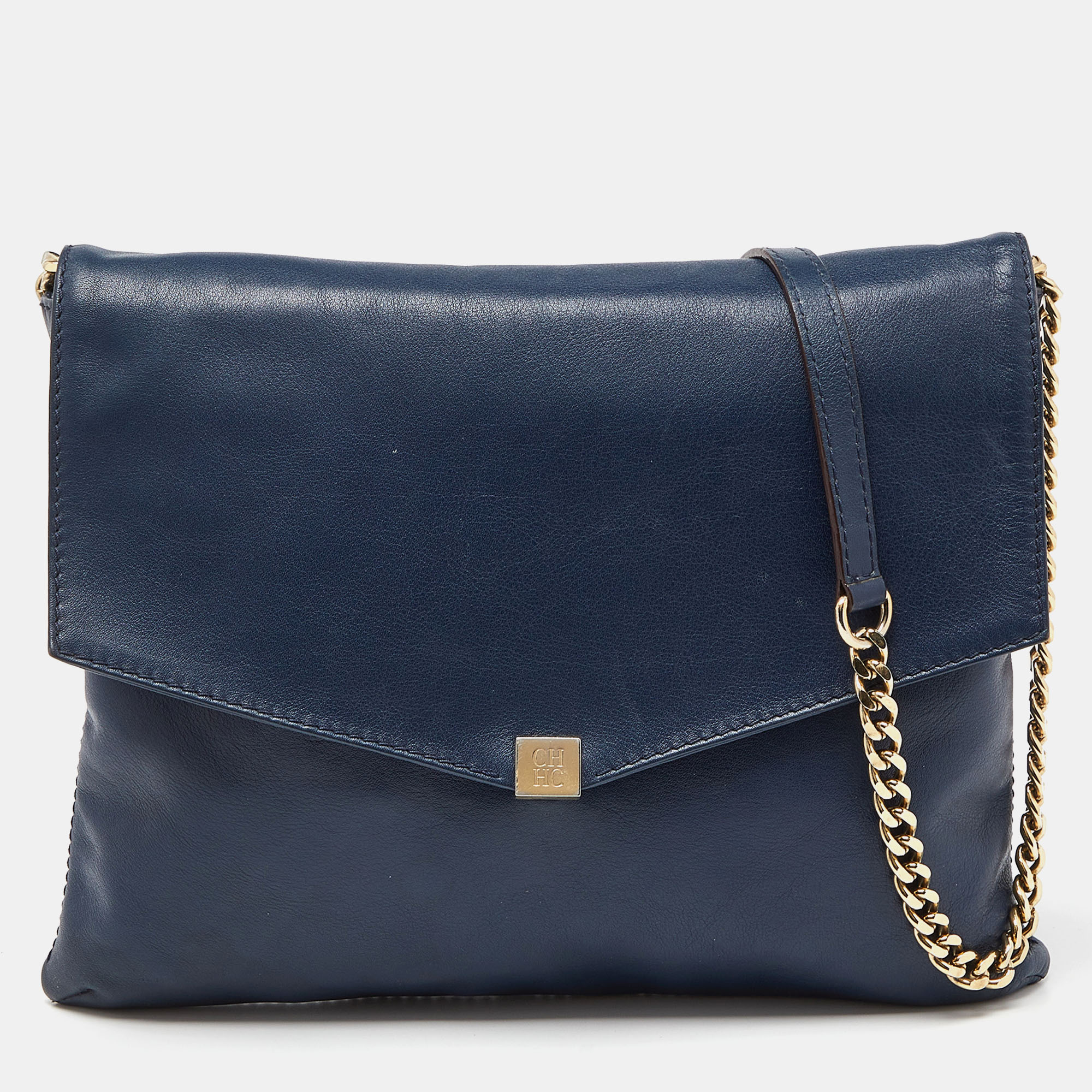 Carolina herrera navy blue leather envelope chain shoulder bag
