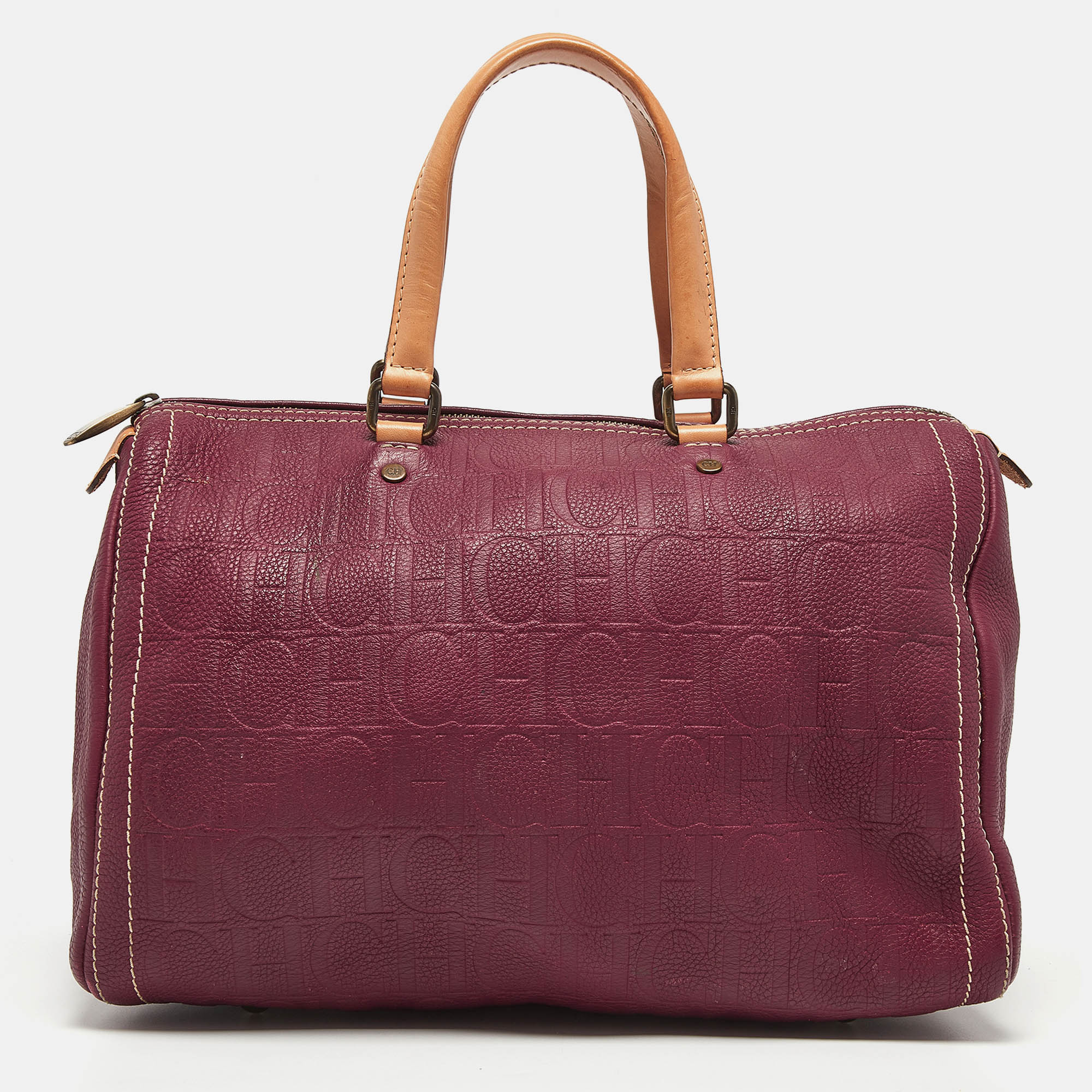 

Carolina Herrera Burgundy/Beige Monogram Leather Large Andy Boston Bag