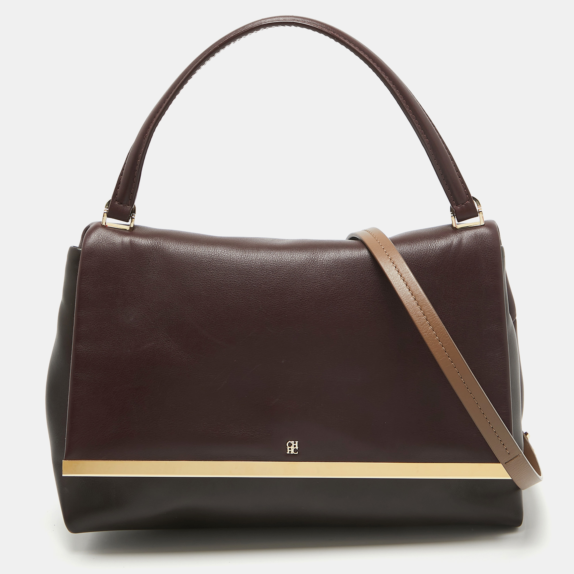 Carolina herrera burgundy/brown leather camelot top handle bag