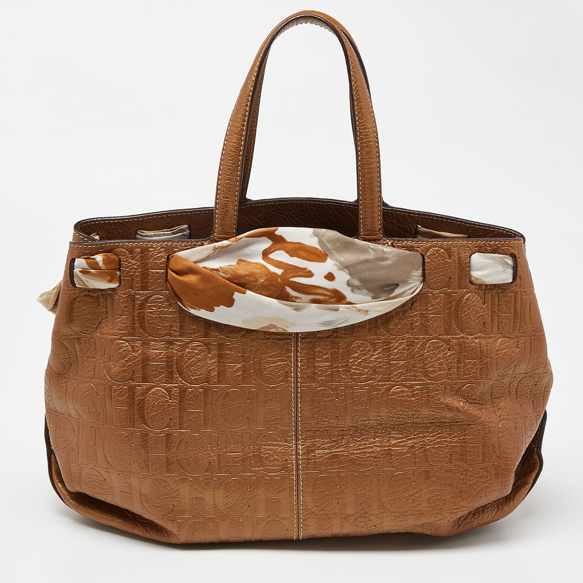 Carolina Herrera Bronze Monogram Embossed Leather Scarf Tote