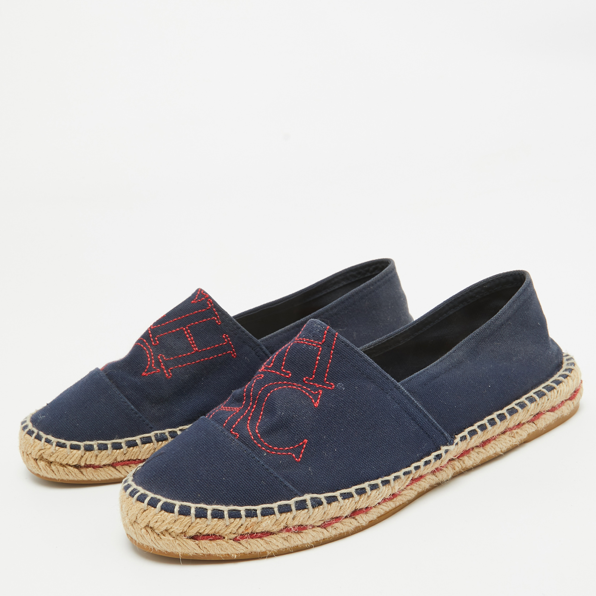 Carolina Herrera Navy Blue Canvas Espadrille Slip On Loafers Size 40