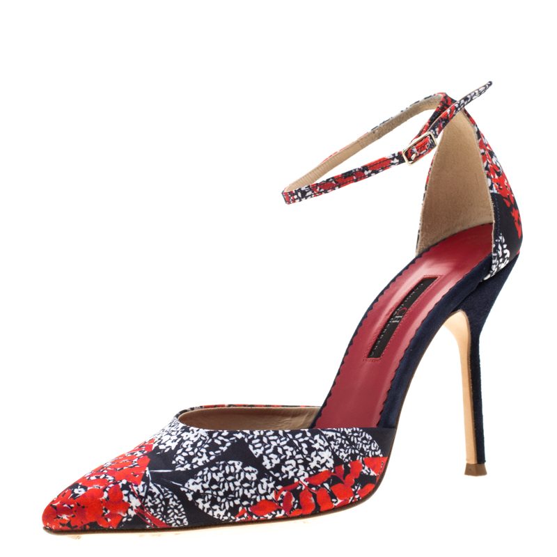 Image of Carolina Herrera Blue Floral Printed Satin Pointed Toe Ankle Strap Sandals Size
