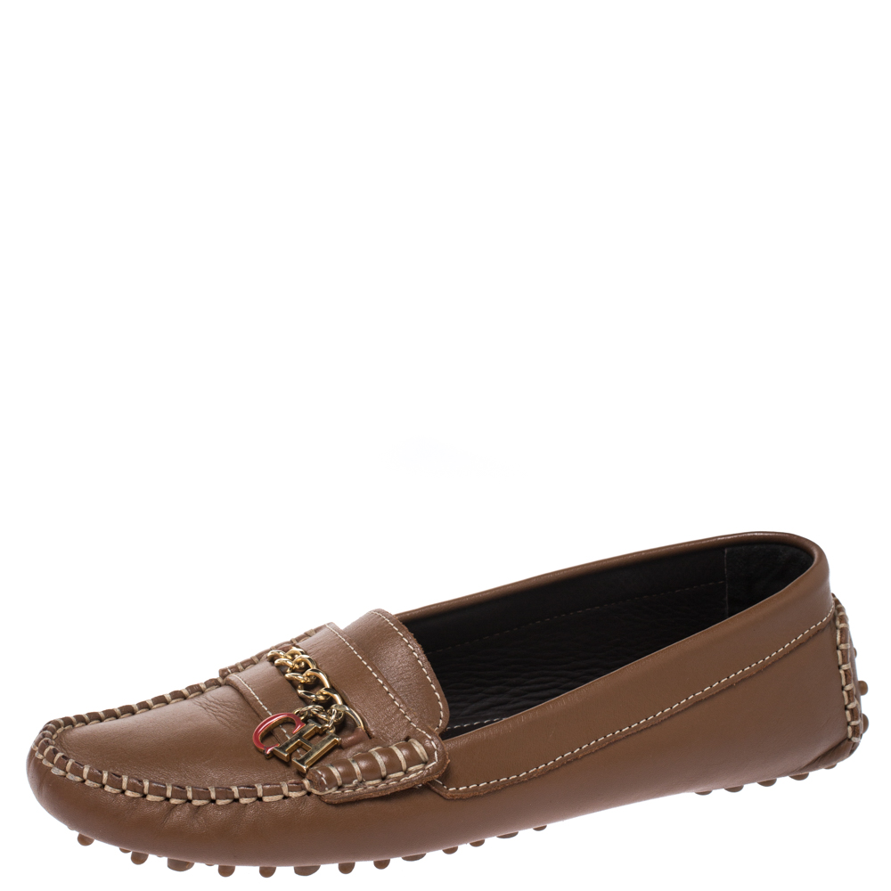 Image of Carolina Herrera Brown Leather Chain Detail Loafers Size
