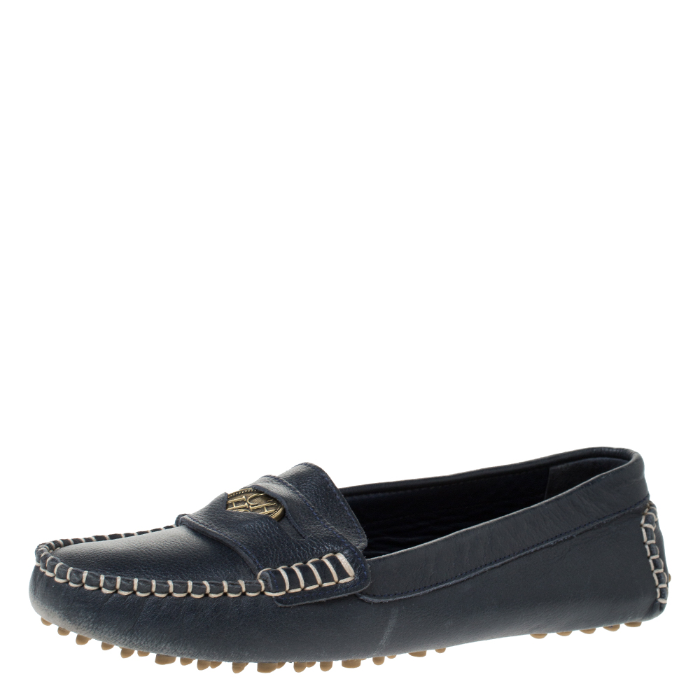 Image of Carolina Herrera Navy Blue Leather Loafers Size