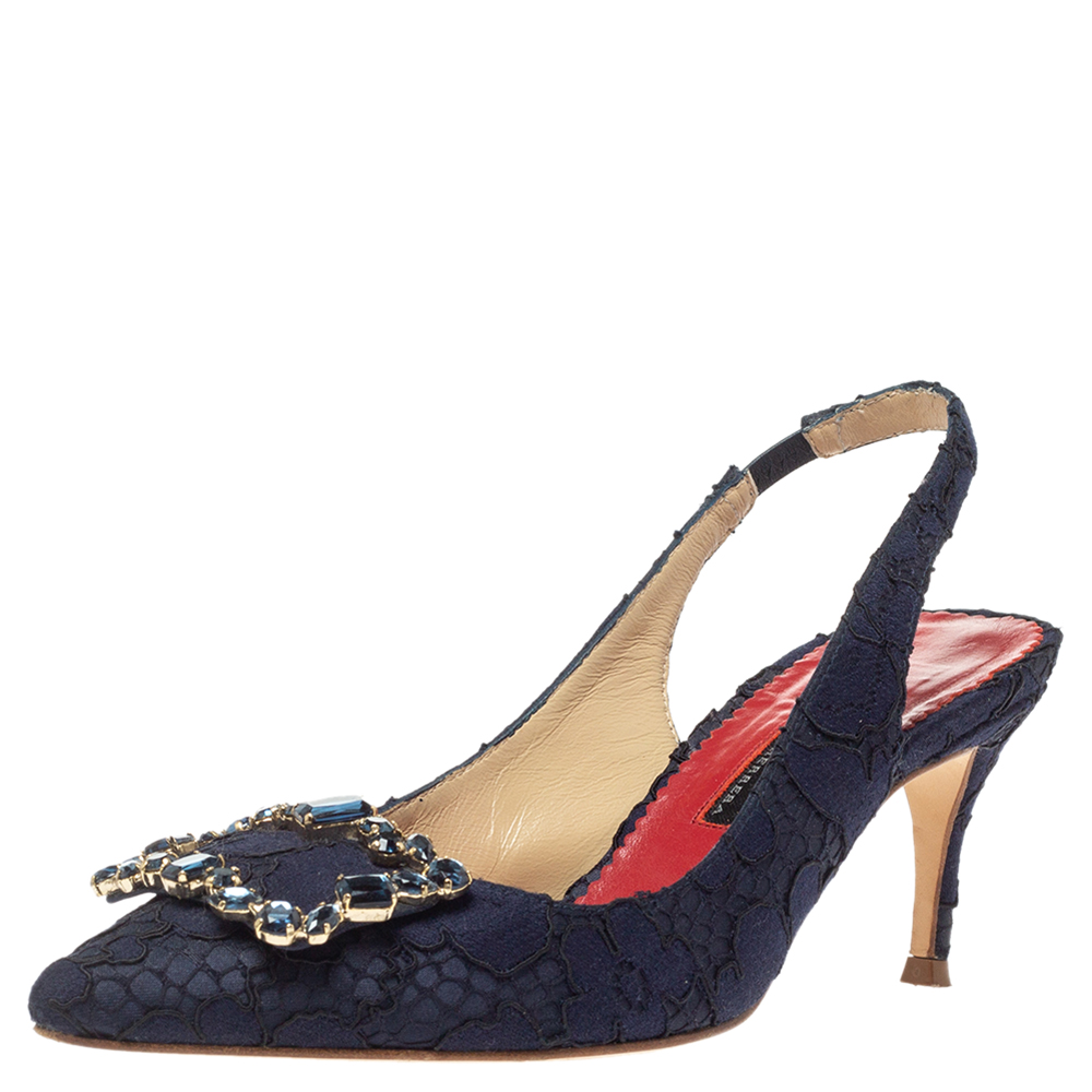 Image of Carolina Herrera Blue Lace Pointed Toe Slingback Sandals Size