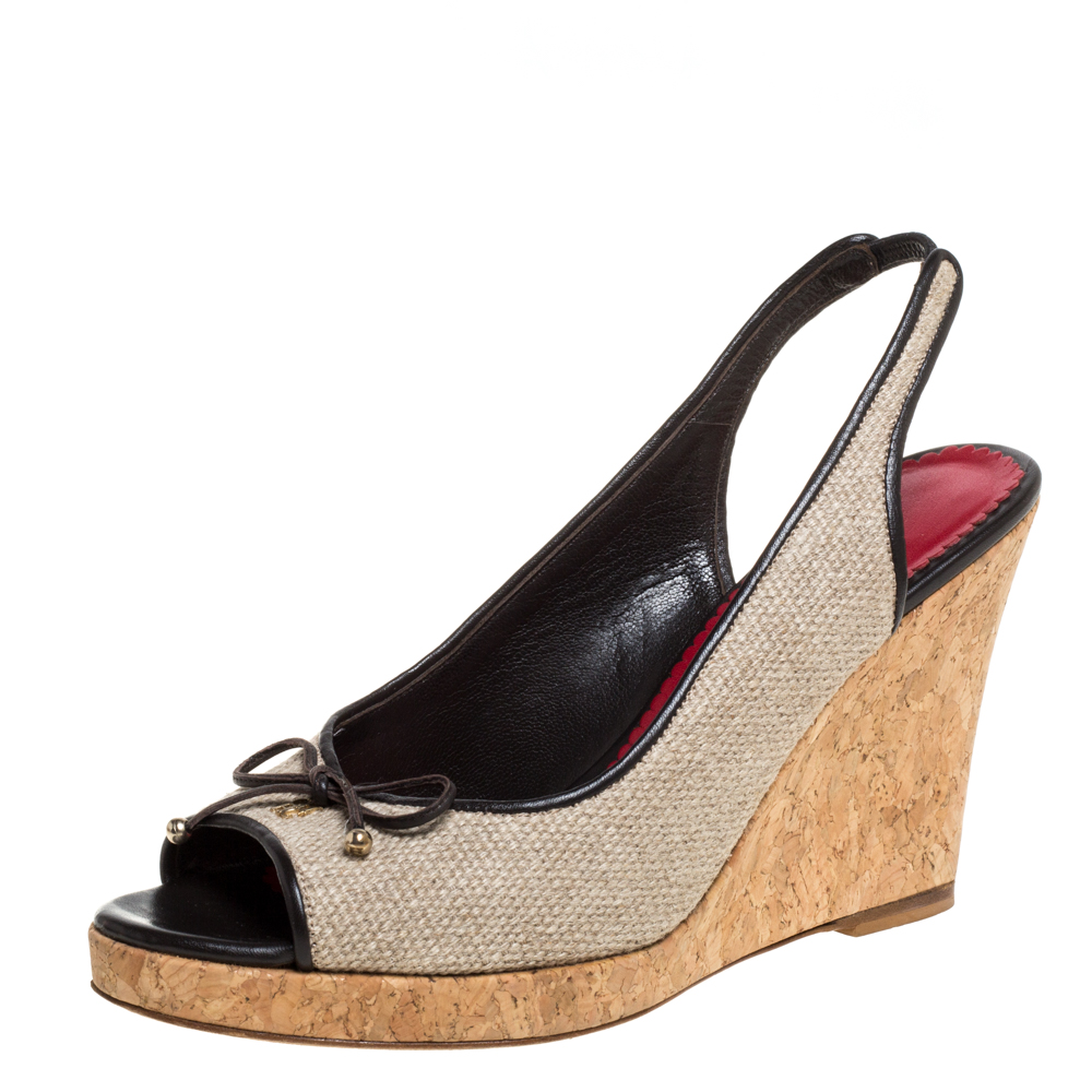 Image of Carolina Herrera Beige Canvas And Leather Trim Bow Cork Wedge Slingback Sandals Size