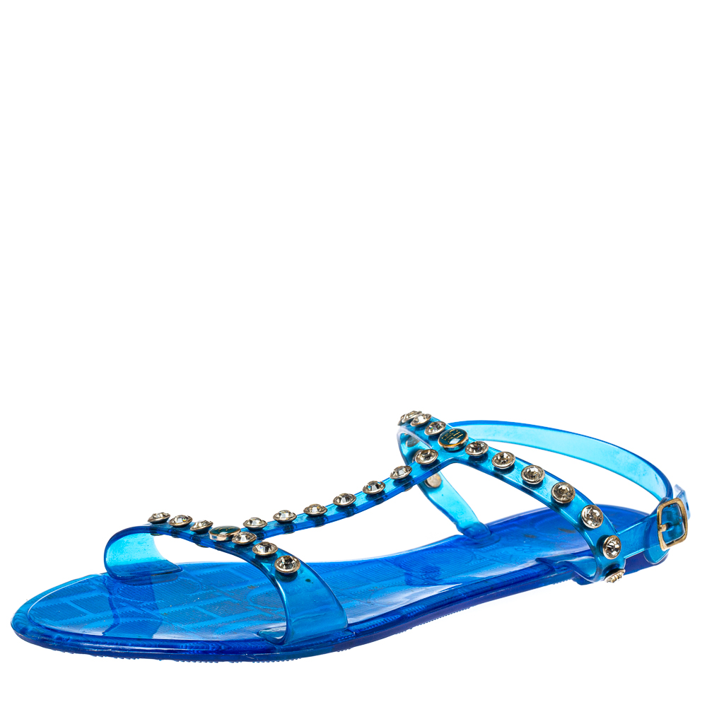 Image of Carolina Herrera Blue PVC Studded Jelly Sandals Size