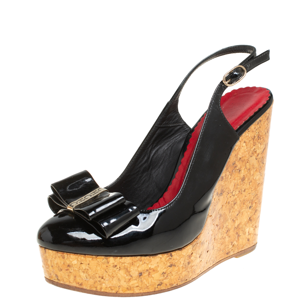 Carolina Herrera Black Patent Leather Cork Wedge Platform Slingback Sandals Size 37