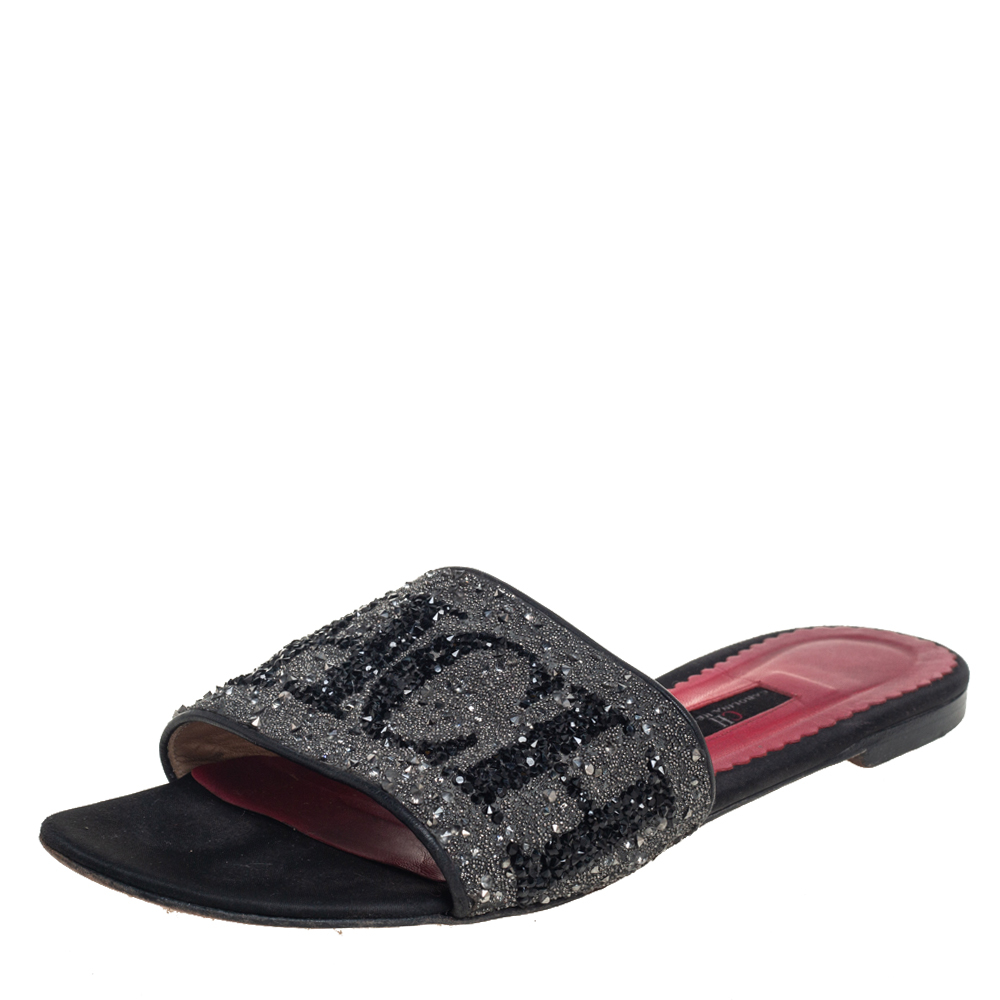 Carolina Herrera Grey/Black Glitter Crystal Embellished Slides Sandals Size 40