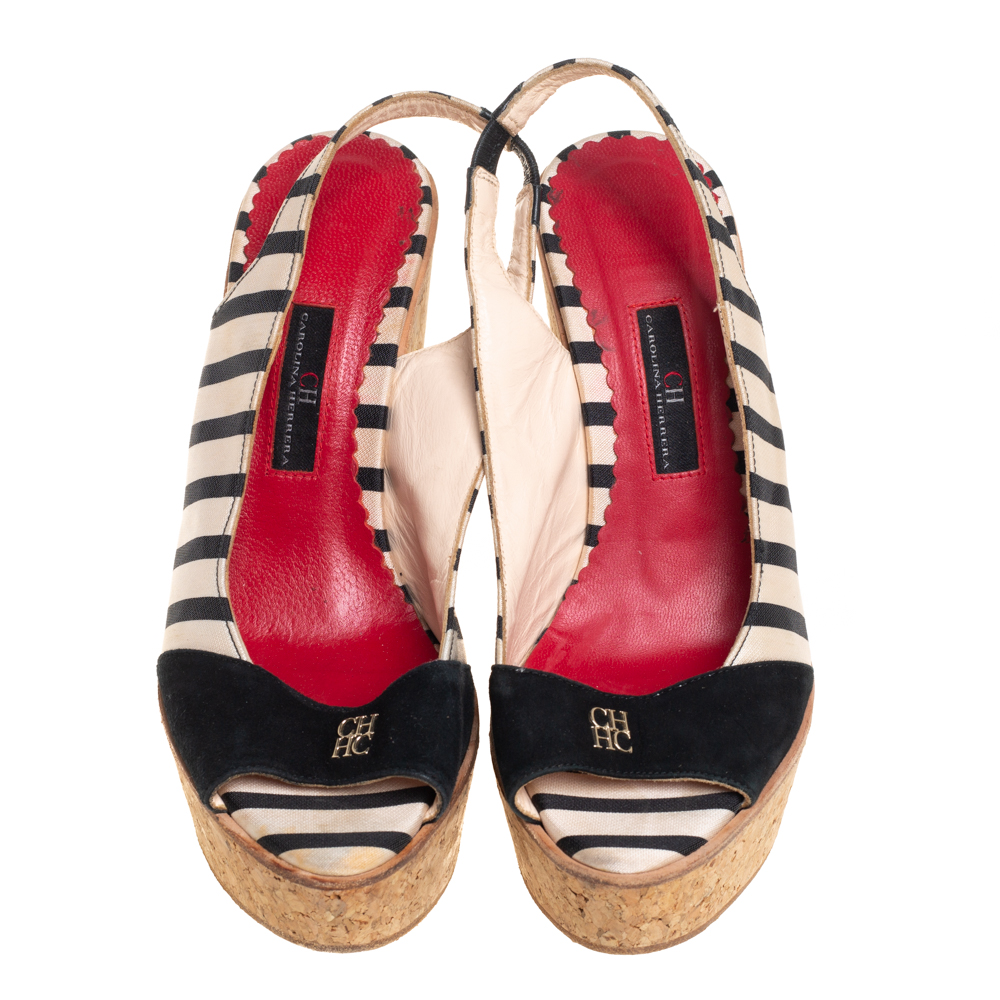 CH Carolina Herrera Black/White Fabric And Suede Cork Wedge Platform Peep Toe Slingback Sandals Size 38