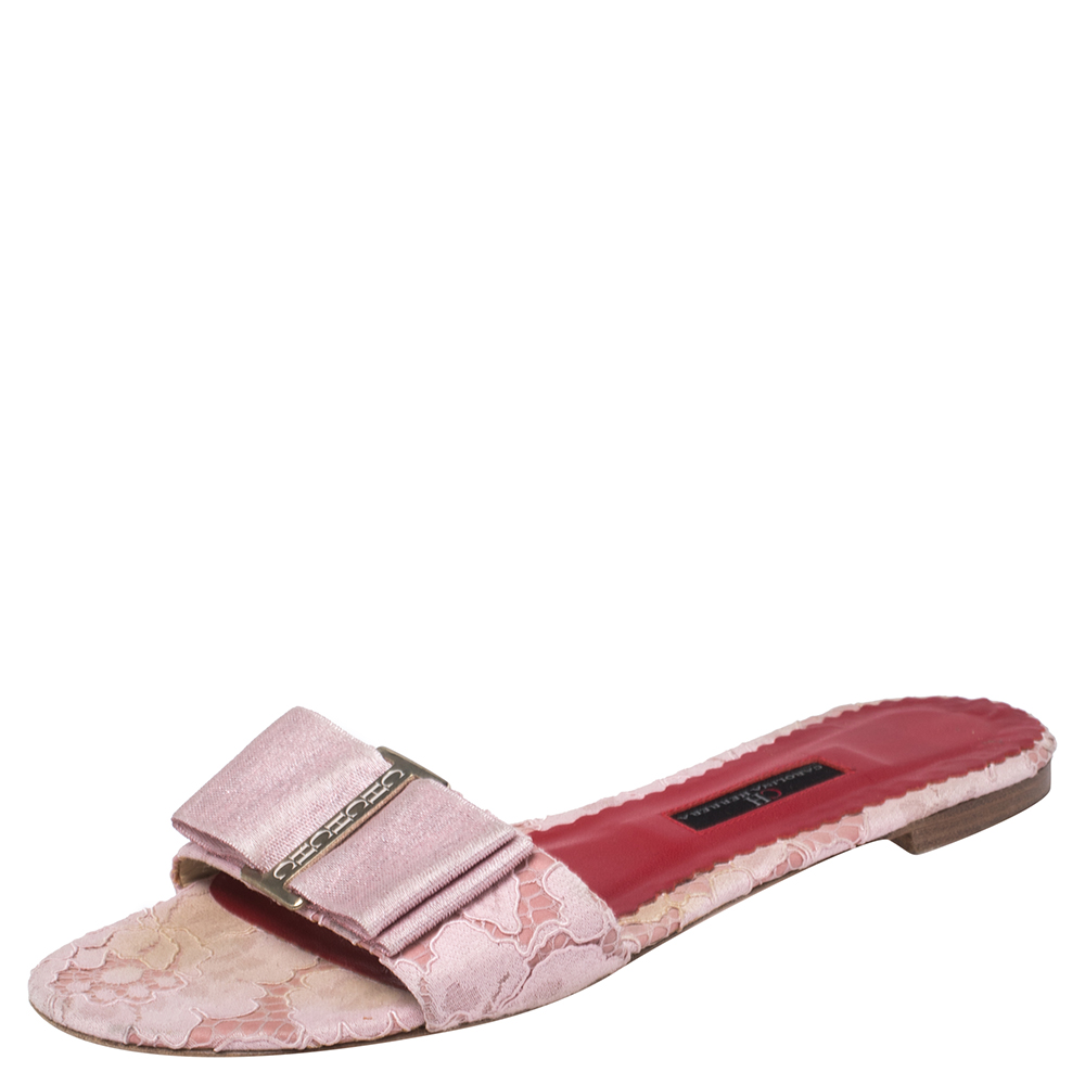 Carolina Herrera Pink Satin And Lace Bow Slide Sandals Size 39