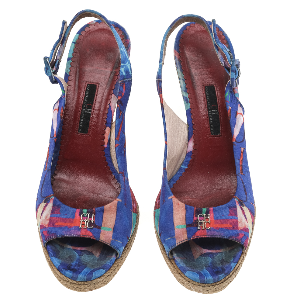CH Carolina Herrera Blue Printed Fabric Cork Wedge Peep Toe Slingback Sandals Size 39