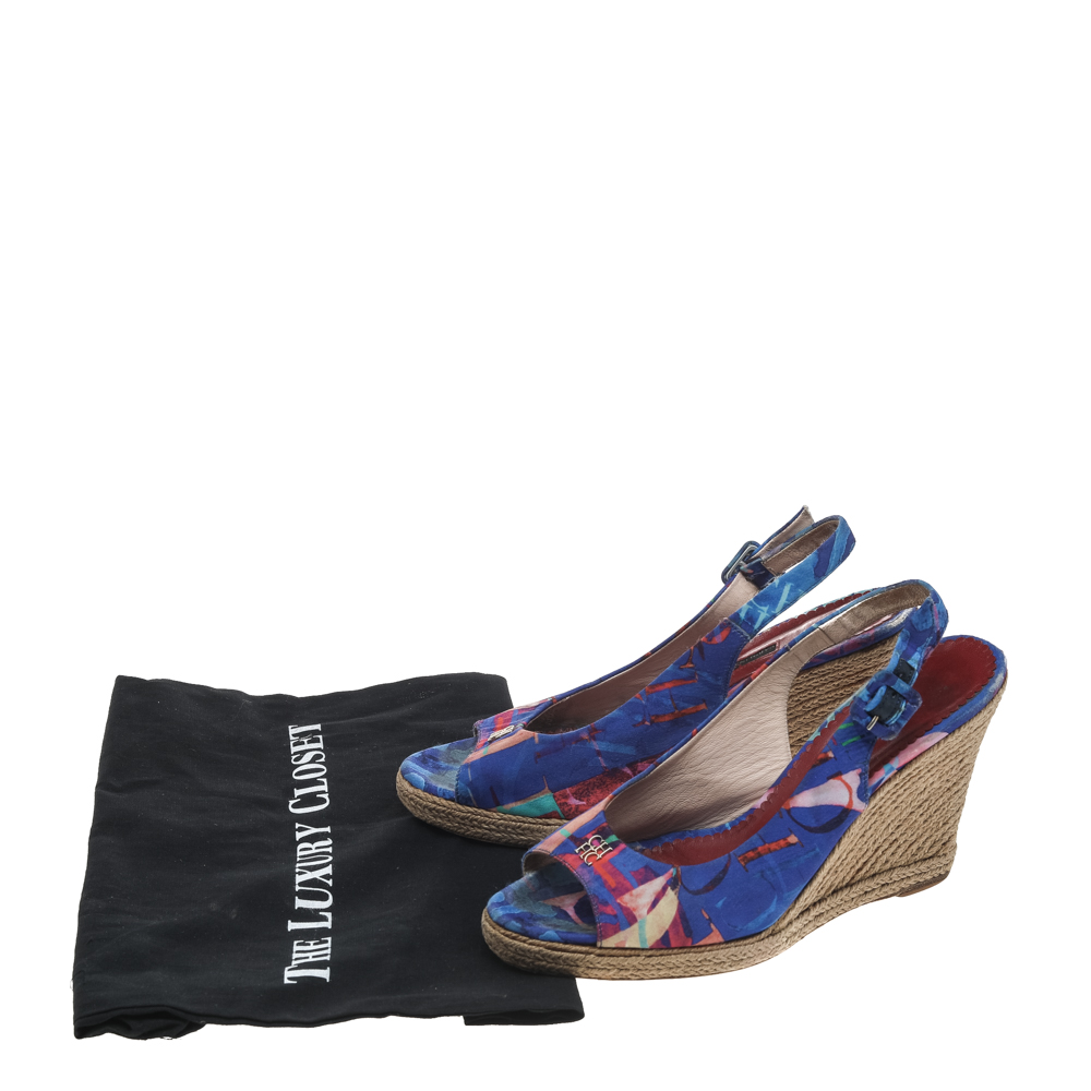 CH Carolina Herrera Blue Printed Fabric Cork Wedge Peep Toe Slingback Sandals Size 39