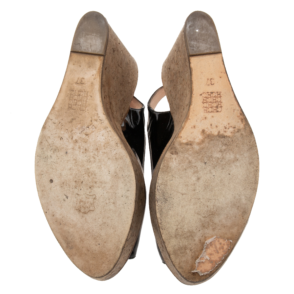 CH Carolina Herrera Black Patent Leather Peep-Toe Cork Wedge Platform Slingback Sandals Size 37
