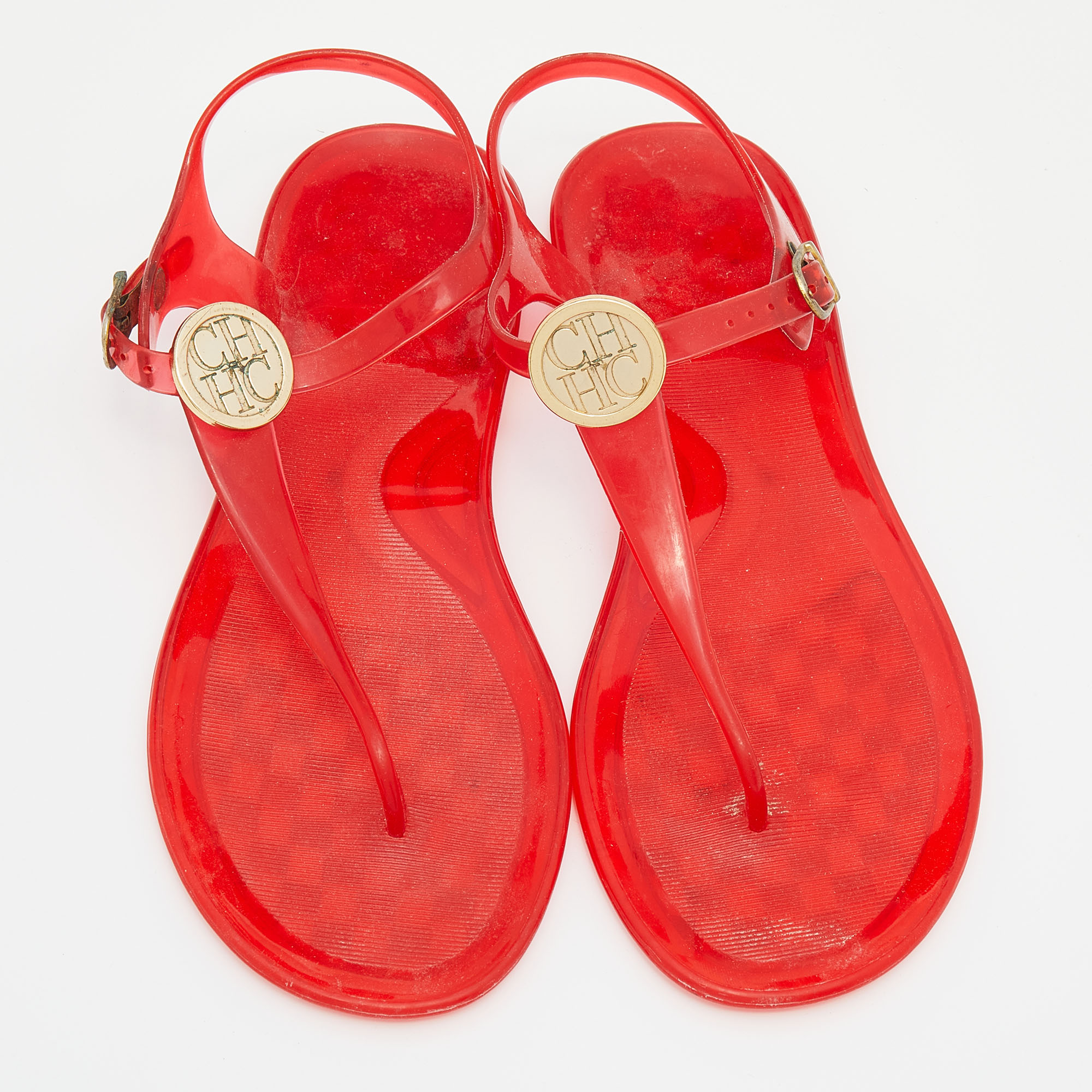 CH Arolina Herrera Red Rubber Logo Thong Flat Sandals Size 37