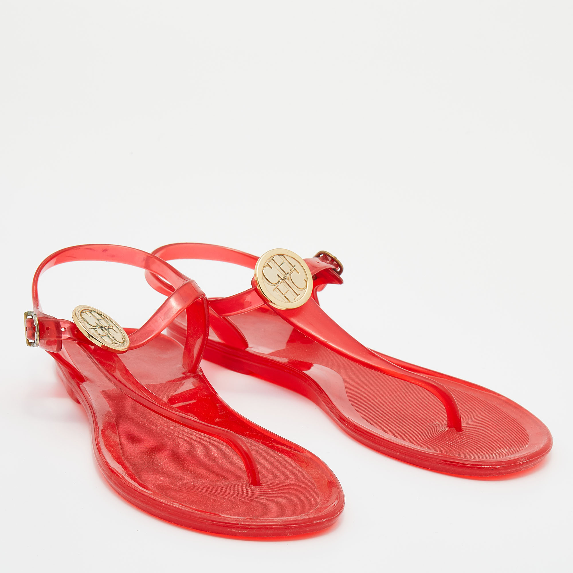 CH Arolina Herrera Red Rubber Logo Thong Flat Sandals Size 37