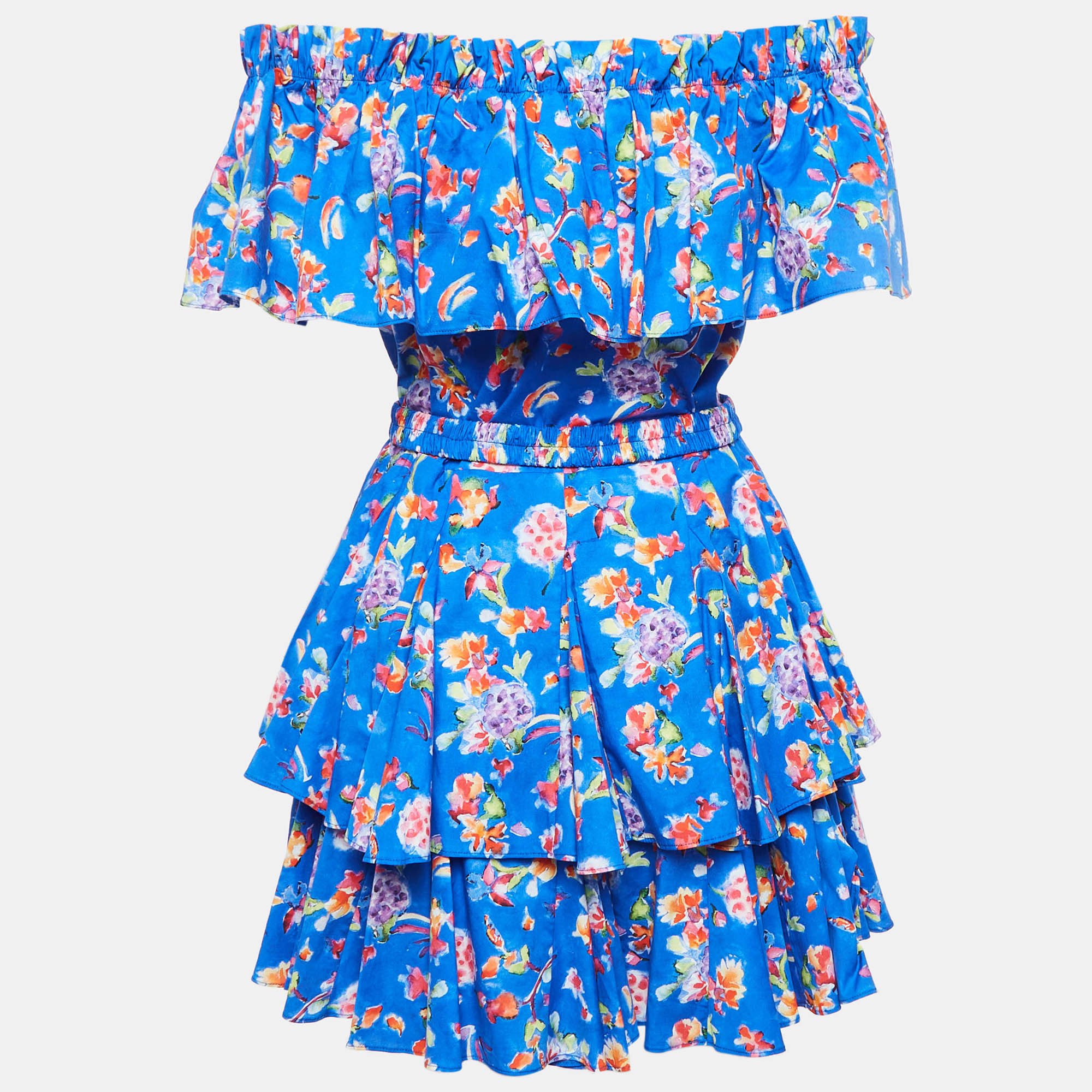 Caroline Constas Blue Printed Cotton Blend Ruffled Mini Dress M