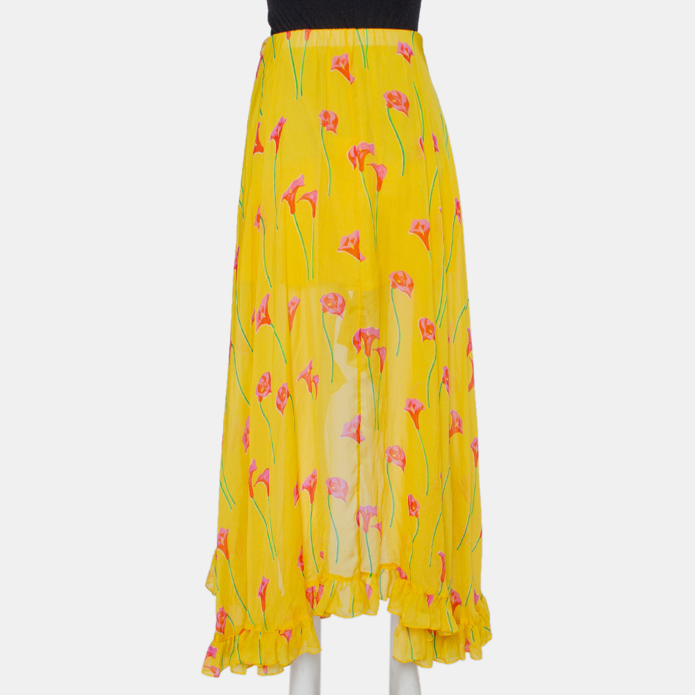 Caroline Constas Yellow Printed Silk Ruffled Asymmetric Hem Adelle Midi Skirt M