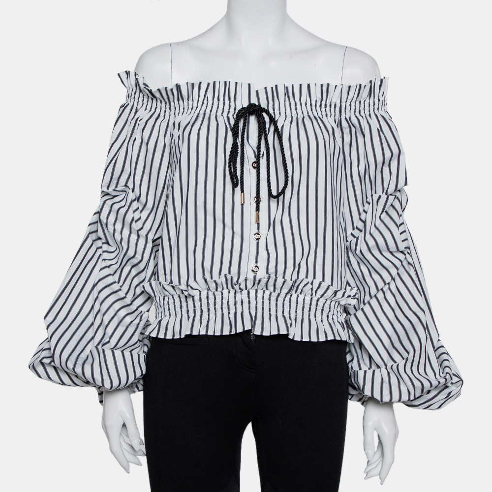 Caroline Constas White Striped Cotton Off Shoulder Ruffled Crop Top XS