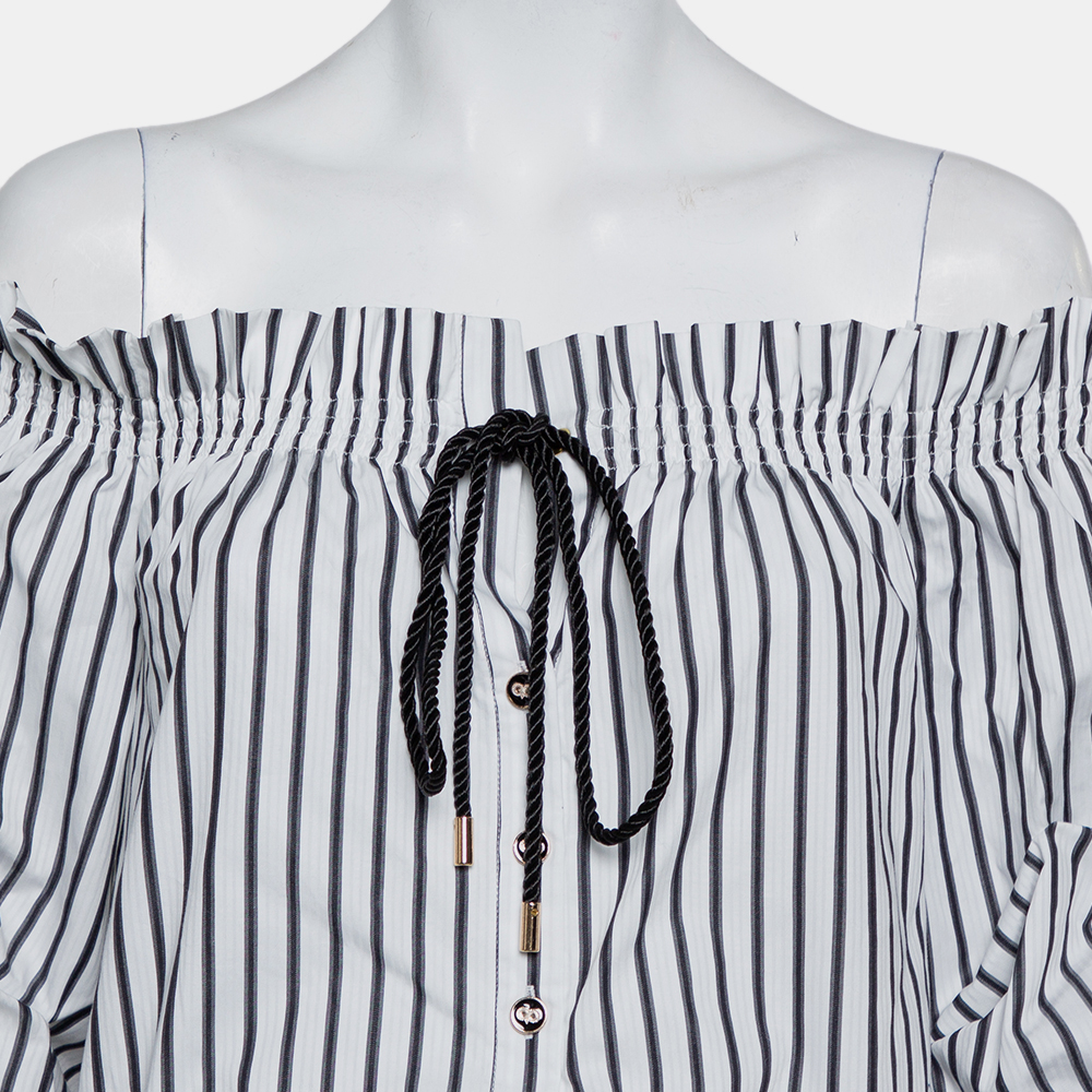 Caroline Constas White Striped Cotton Off Shoulder Ruffled Crop Top XS
