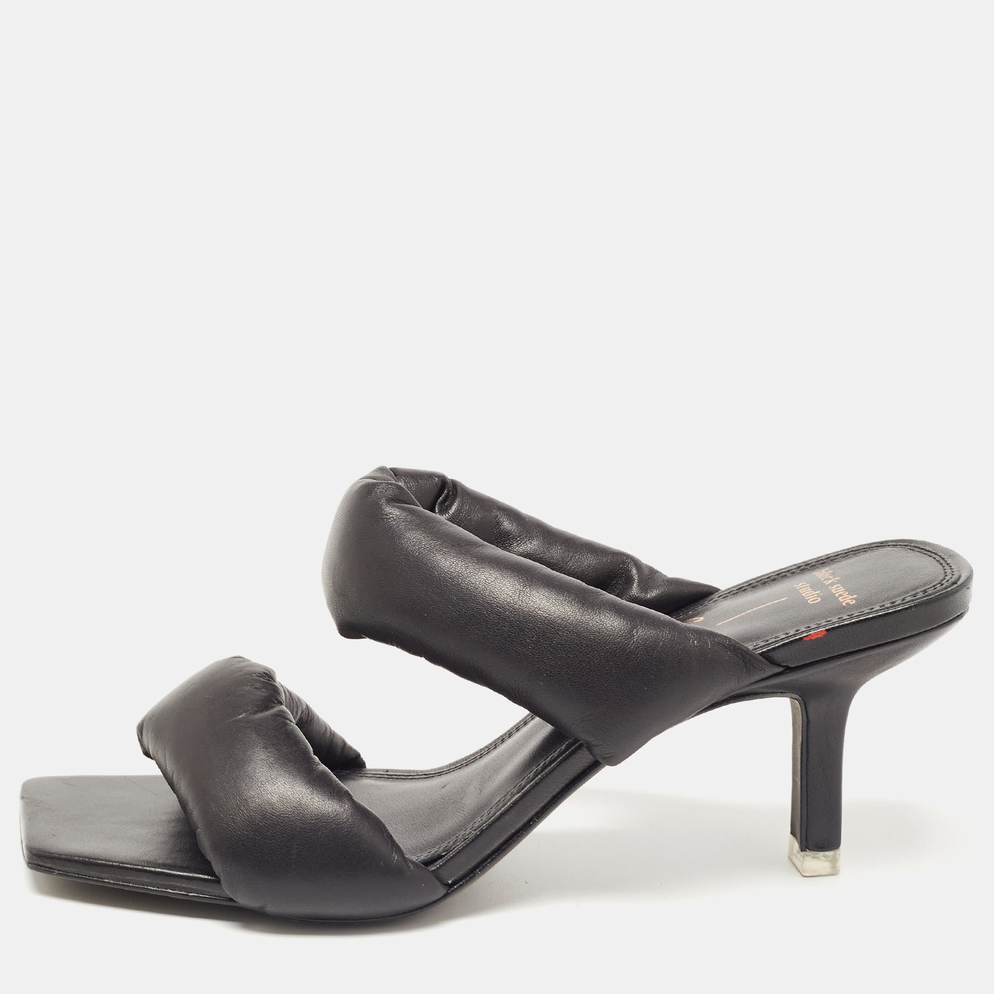 Caroline X Black Suede Studio Black Padded Leather Cynthia Slide Sandals Size 38
