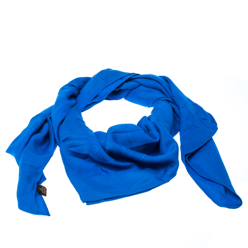 Image of Must De Cartier Blue Panthere Monogram Wool and Silk Blend Square Scarf