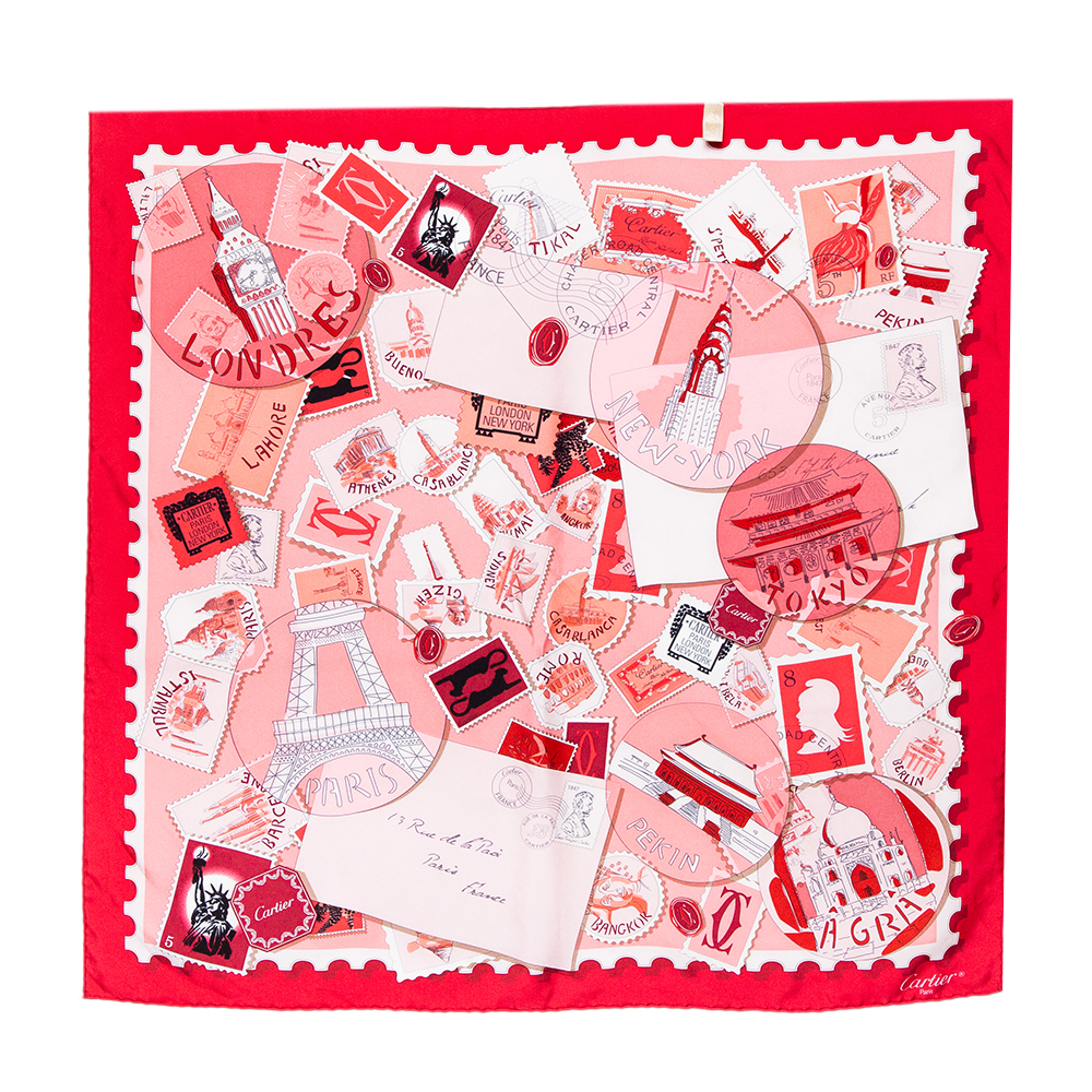 Cartier Red Travel & Stamps Printed Square Silk Scarf