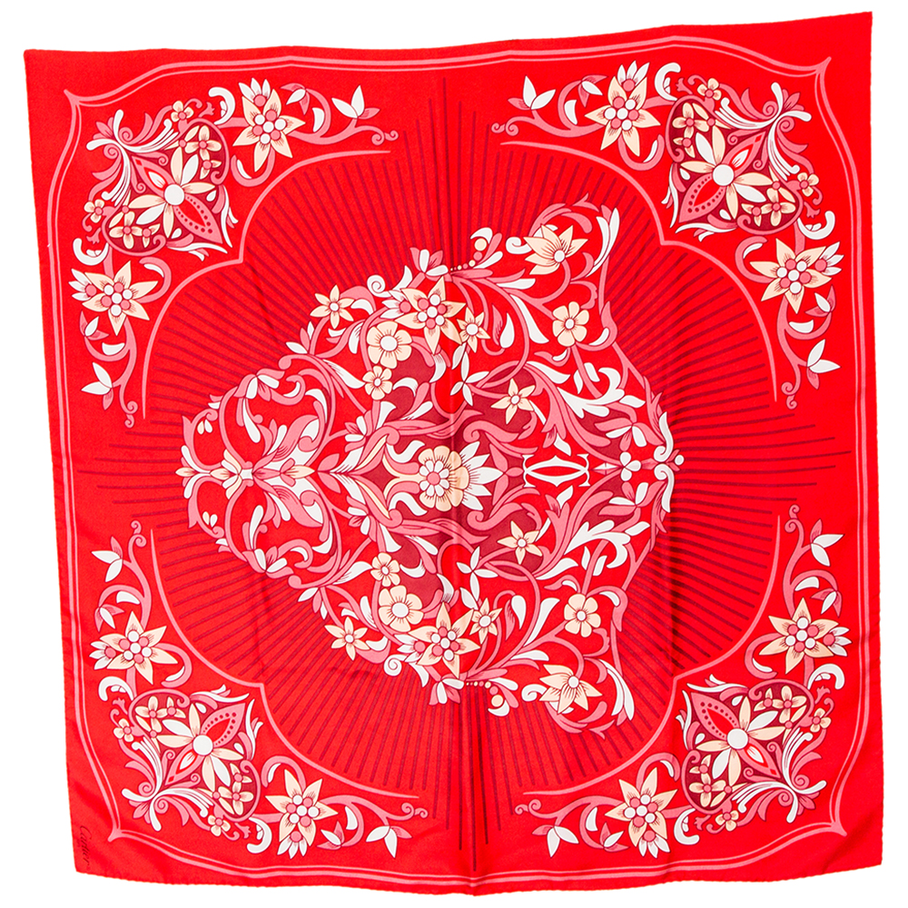 Cartier Red Flora Print Silk Square Scarf