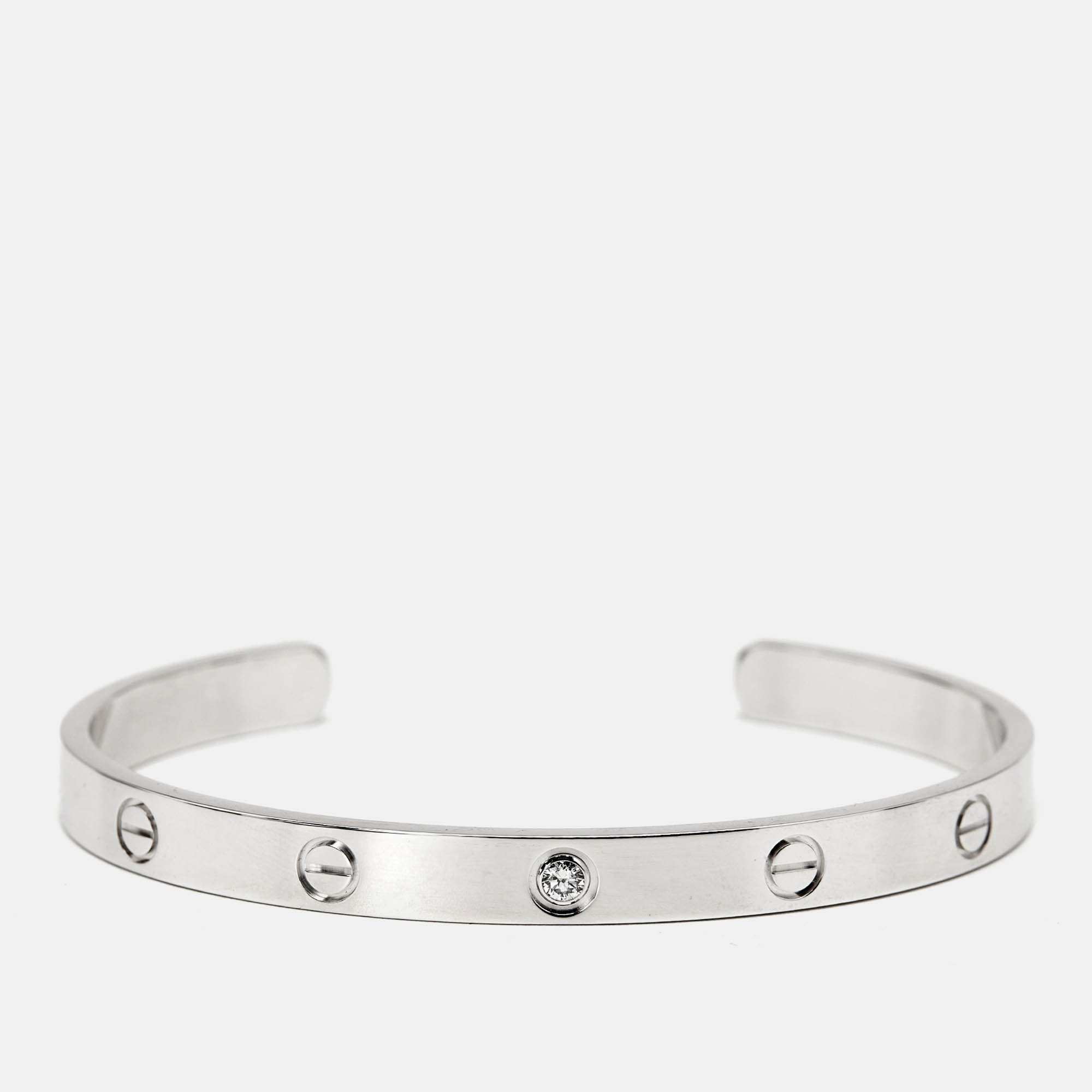 Cartier Love White 1 Diamond 18k White Gold Open Cuff Bracelet 19
Cartier Love White 1 Diamond 18k White Gold Open Cuff Bracelet 19