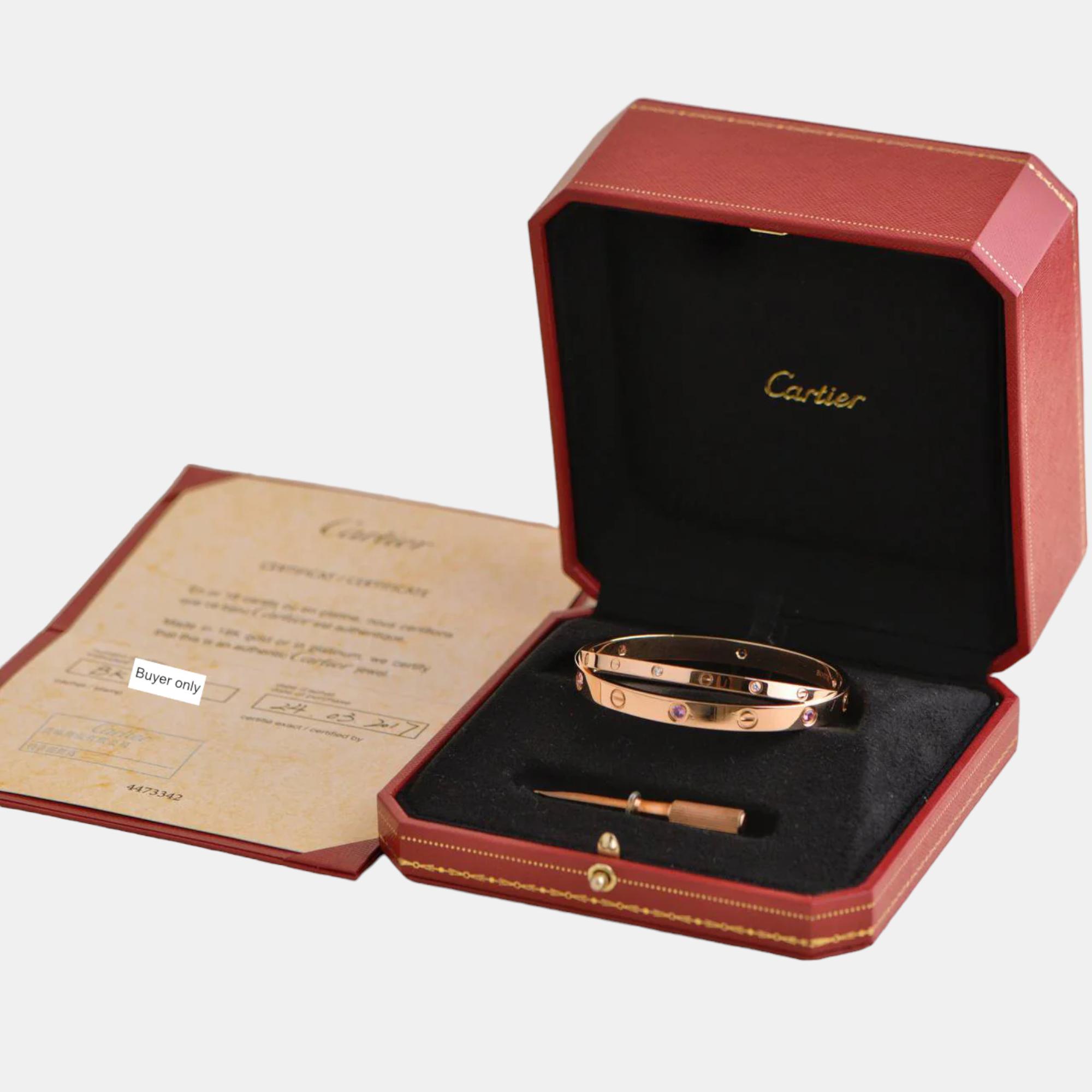 Cartier Love Diamond And Pink Sapphire Rose Gold Bracelet Size 17
