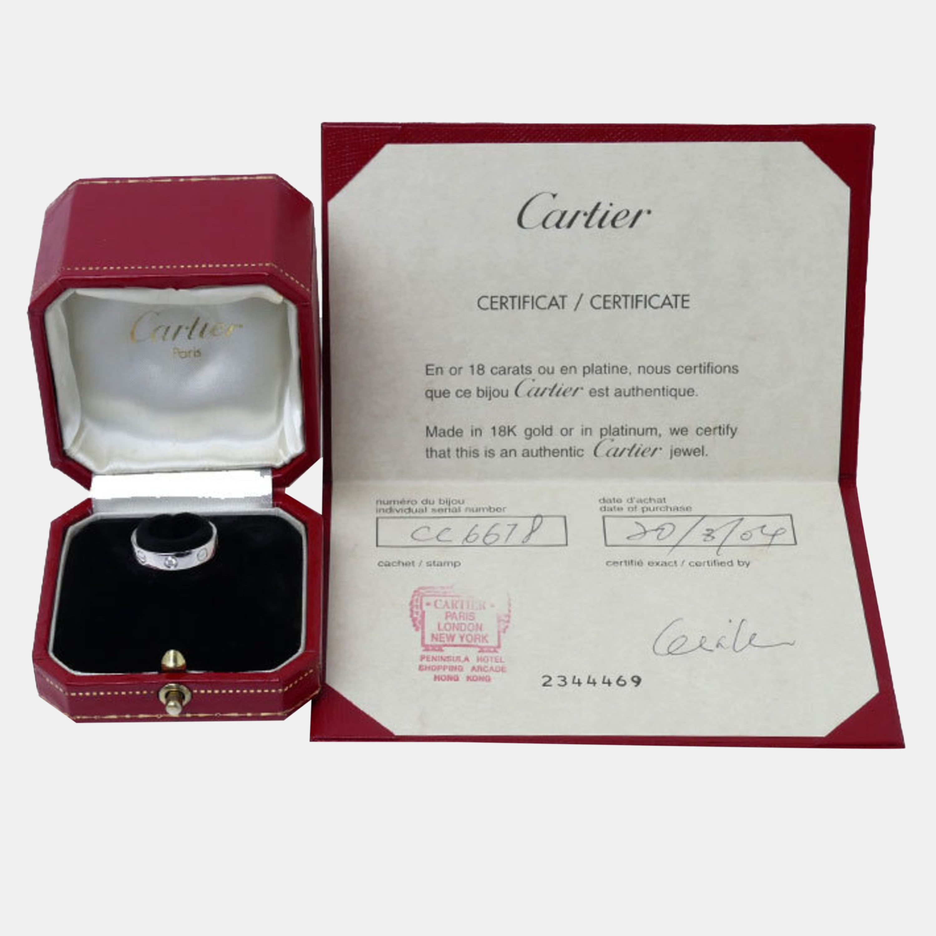 Cartier 18K White Gold And 1 Diamond Love Band Ring EU 48