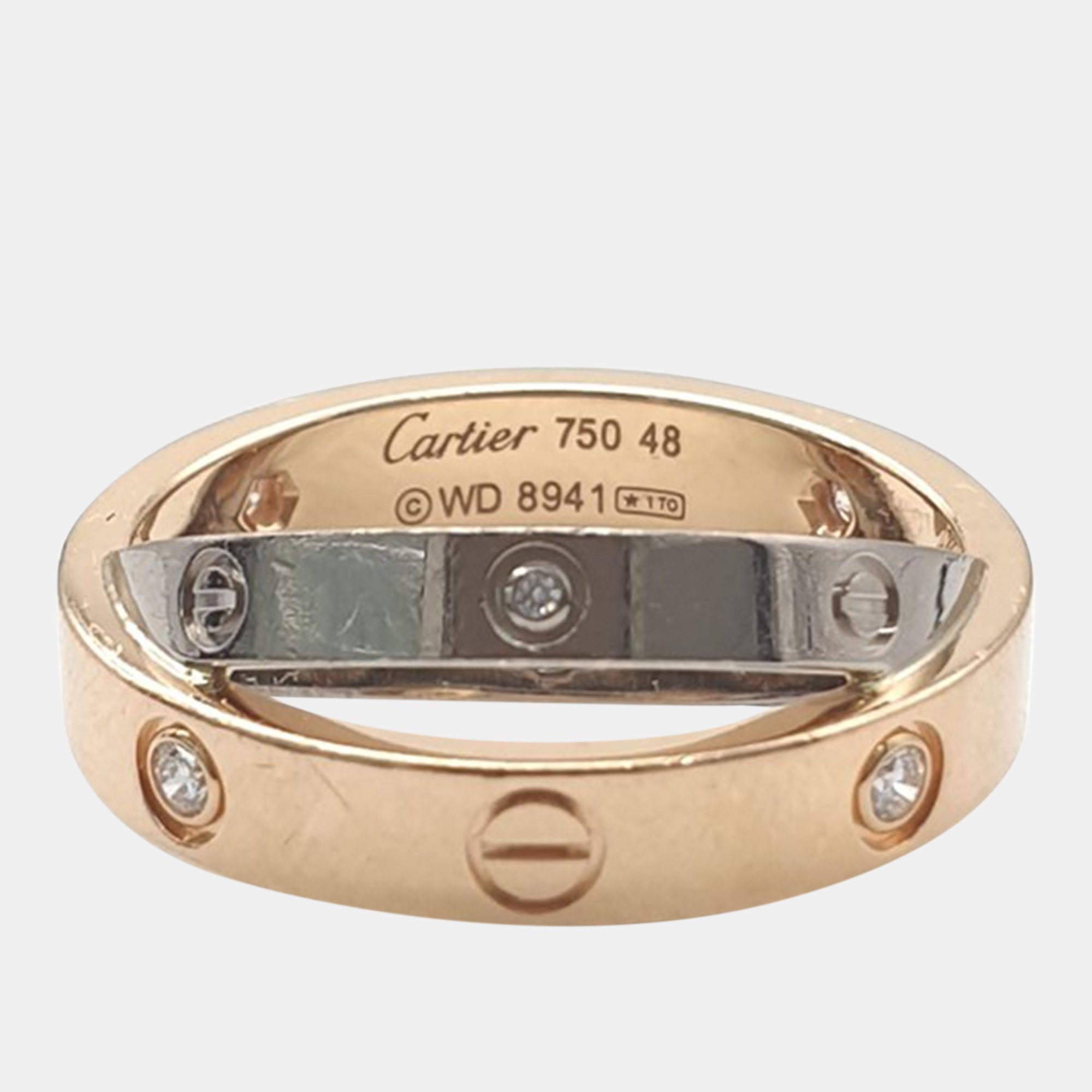Cartier 18k white gold, rose gold and diamond half love band ring eu 48