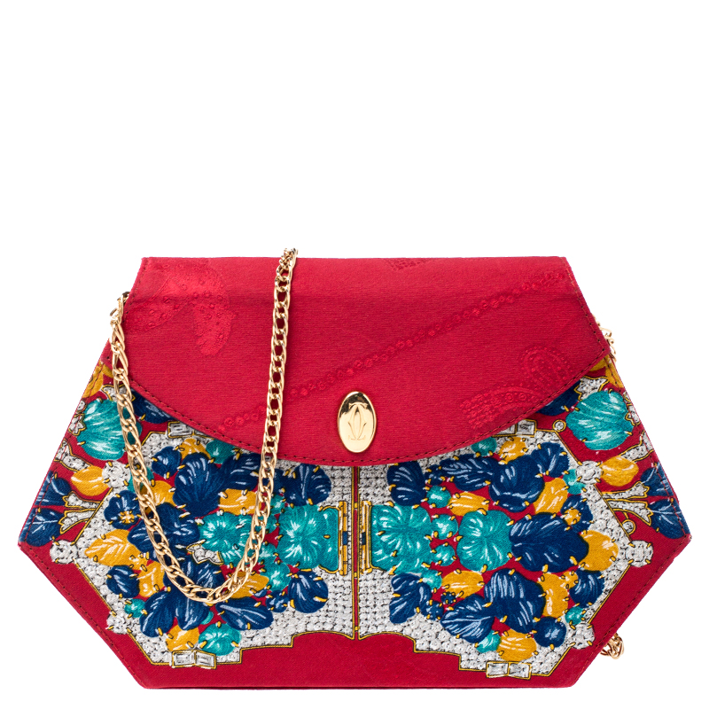 Image of Cartier Red Floral Printed Fabric Chain Shoulder Bag