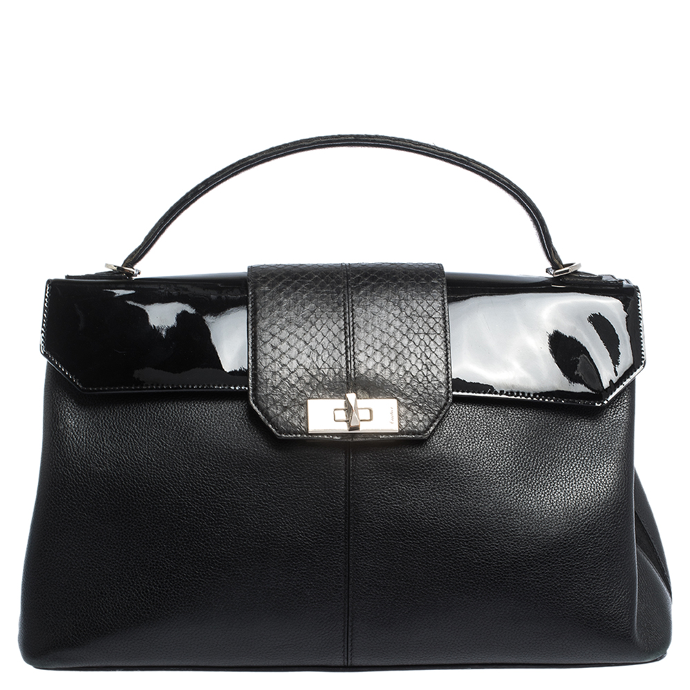Image of Cartier Black Leather and Python Classic Feminine Line Top Handle Bag
