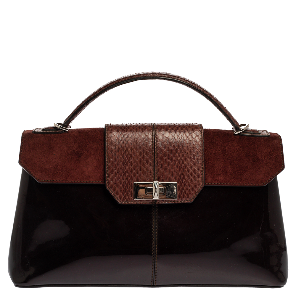 Image of Cartier Burgundy Patent Leather/Suede and Python Feminine Line Top Handle Bag