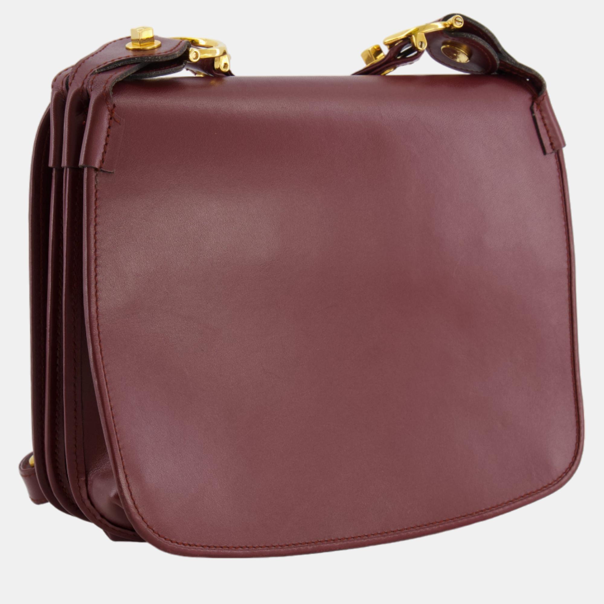 Cartier Vintage Burgundy Must De Cartier Leather Shoulder Bag With Gold Hardware