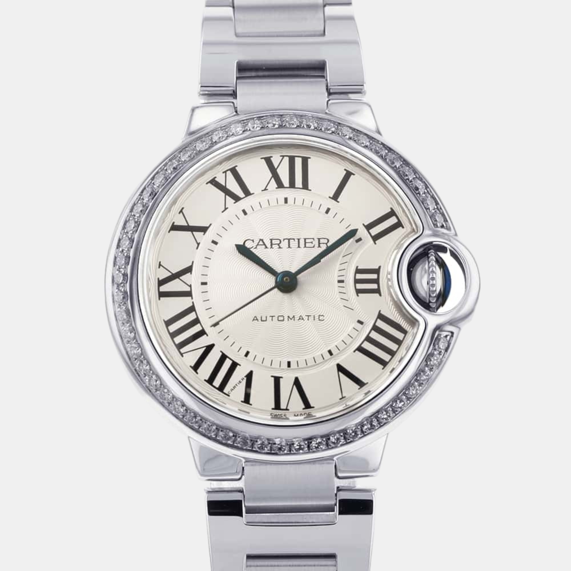 Cartier silver stainless steel ballon bleu w4bb0016 automatic women's wristwatch 33 mm