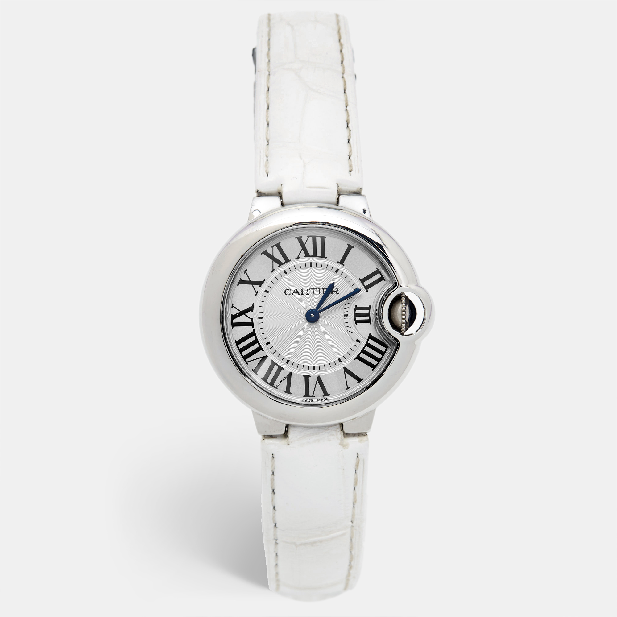 Cartier silver stainless steel alligator leather ballon bleu w6920086 women's wristwatch 33 mm