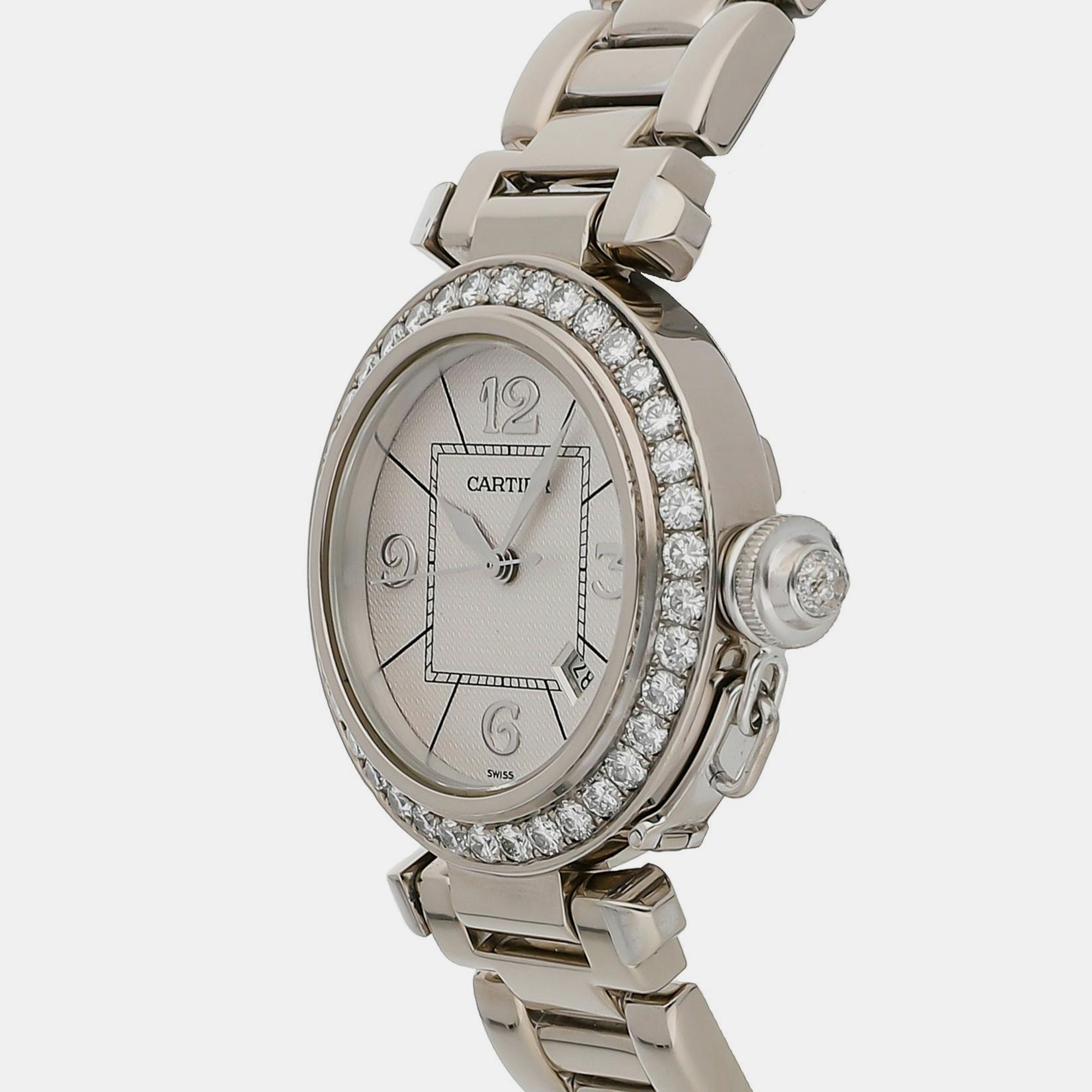 Cartier Silver 18k White Gold Pasha Automatic Women's Wristwatch 32 Mm