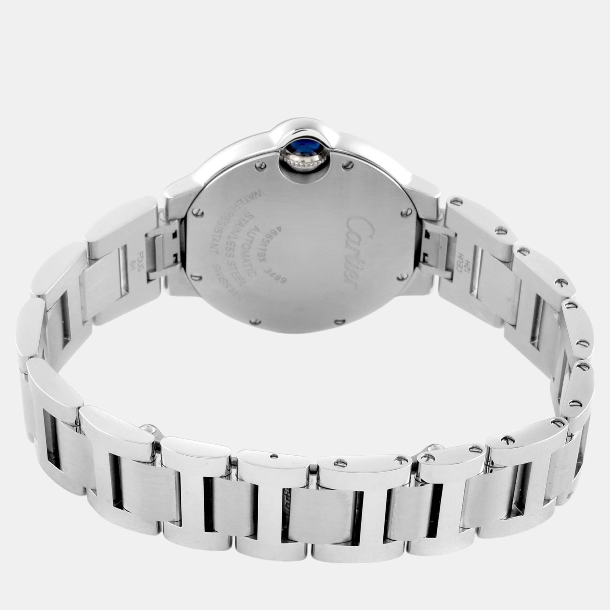 Cartier Ballon Bleu 33mm Blue Silver Diamond Dial Steel Watch W4BB0028