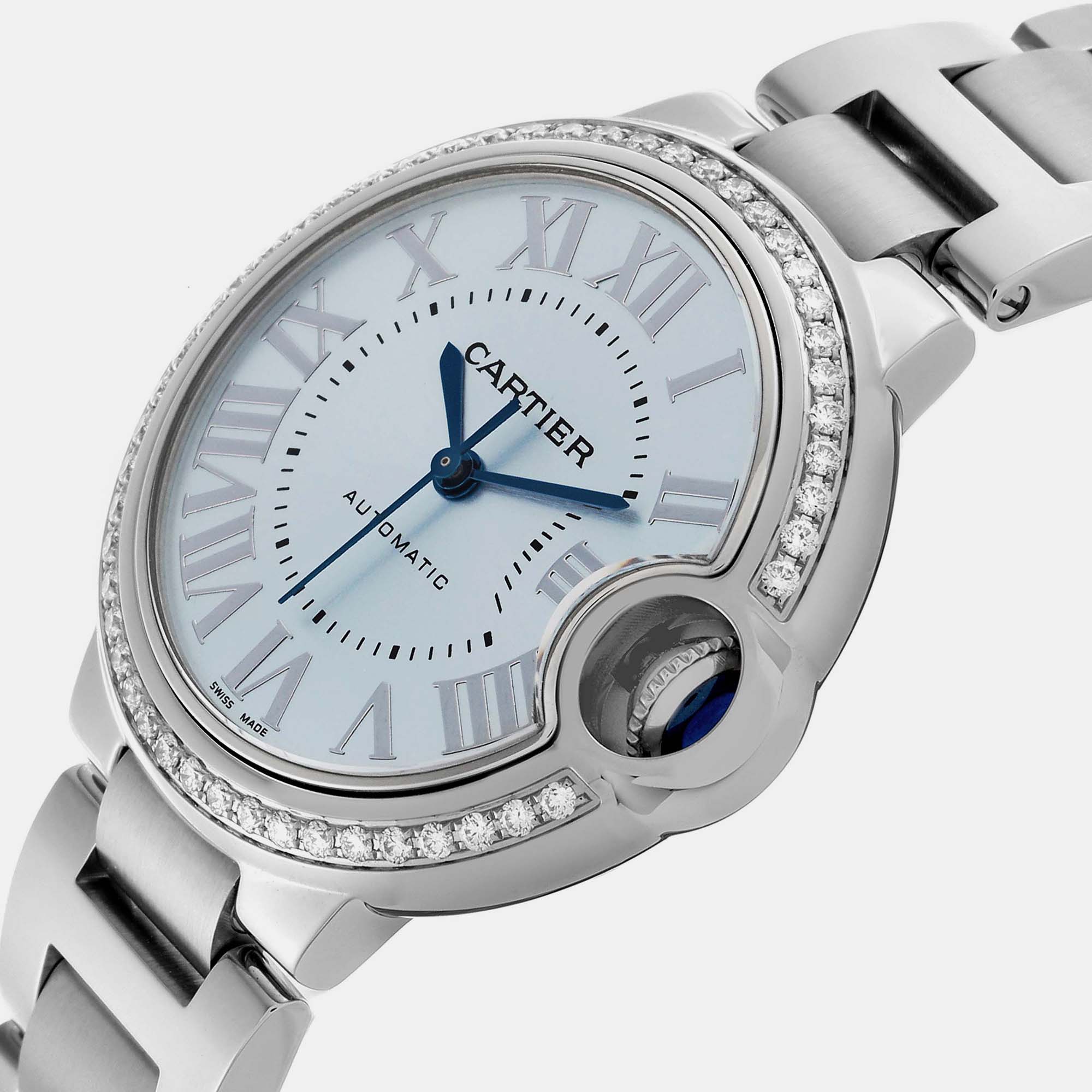 Cartier Ballon Bleu Blue Silver Diamond Dial Steel Watch 33.0 Mm