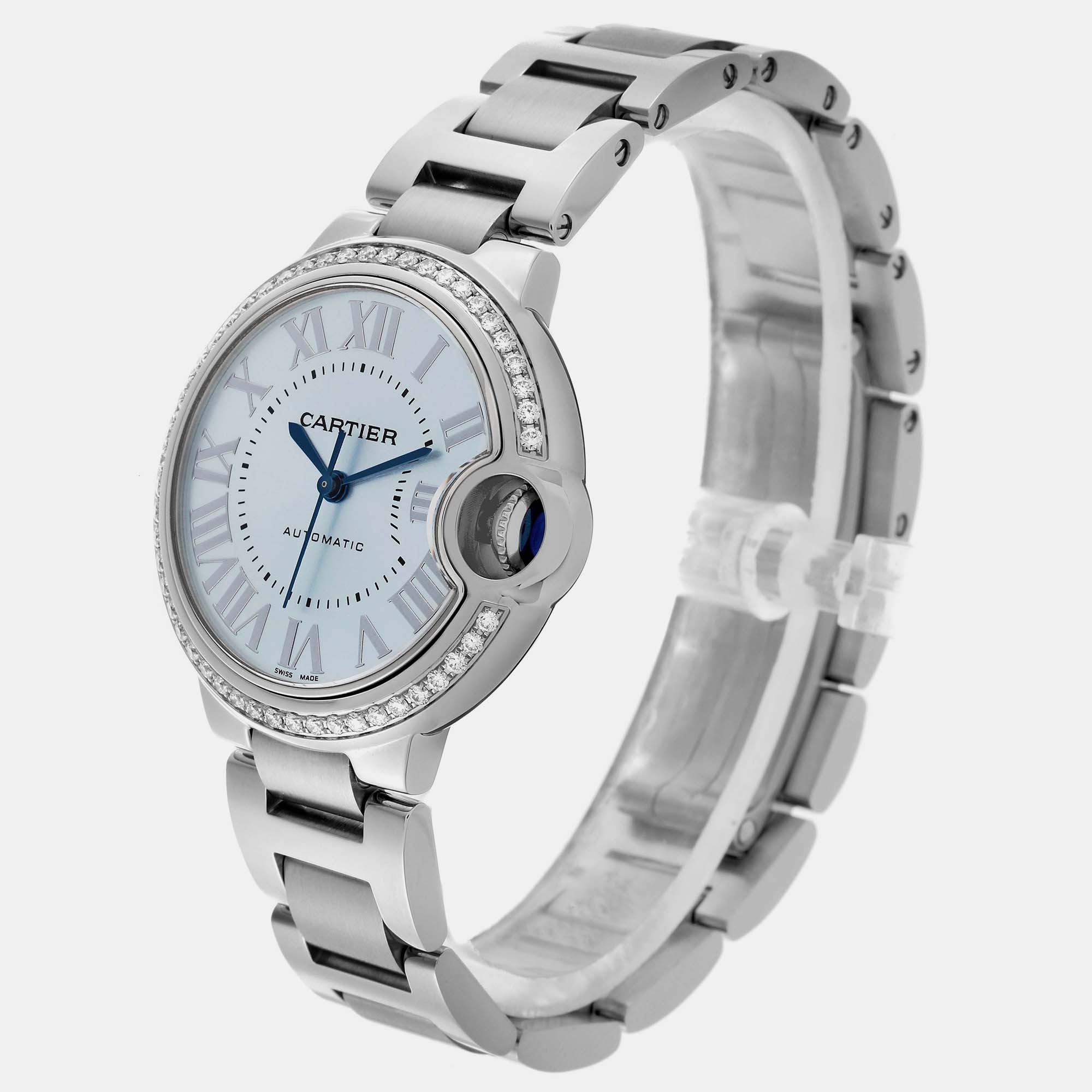 Cartier Ballon Bleu Blue Silver Diamond Dial Steel Watch 33.0 Mm