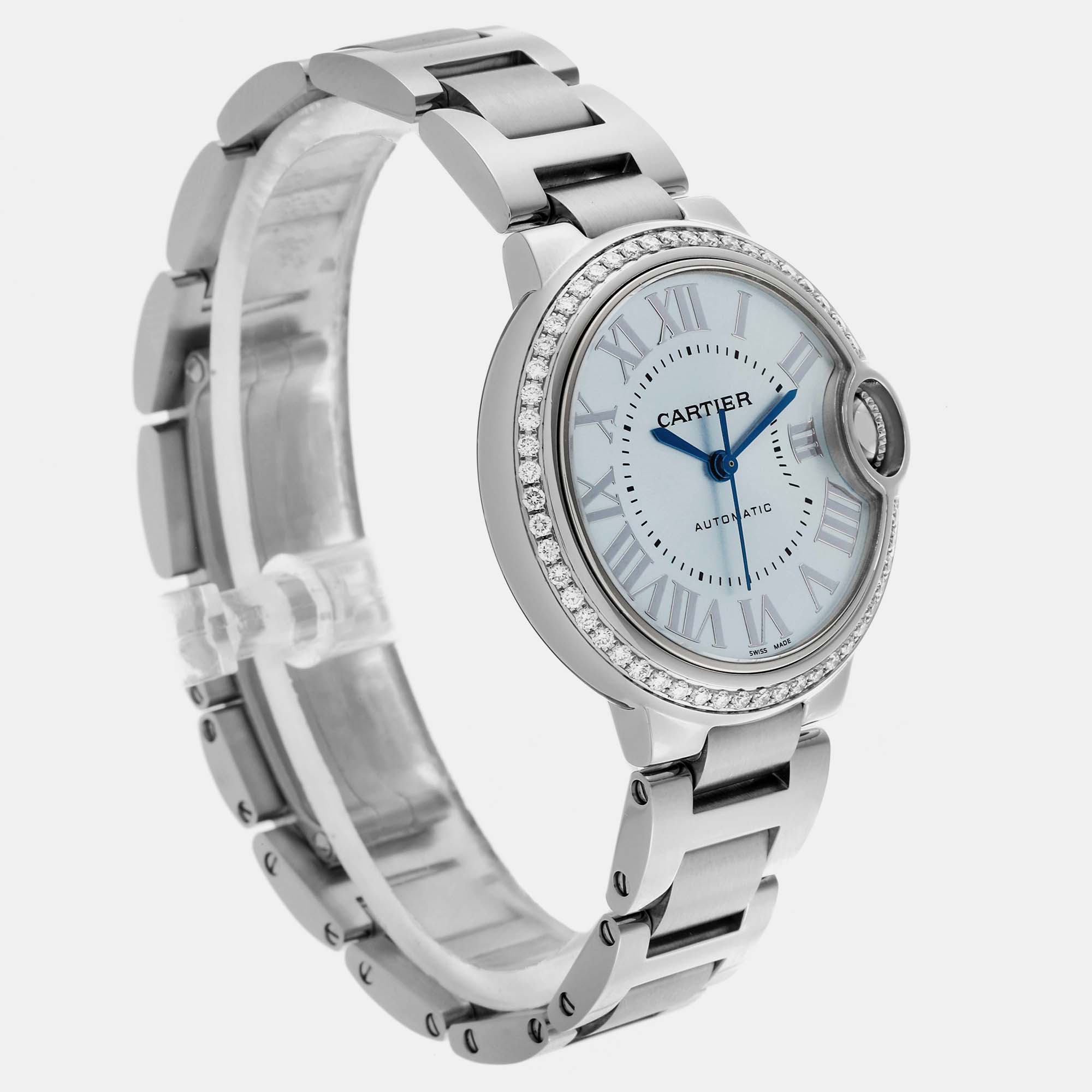 Cartier Ballon Bleu Blue Silver Diamond Dial Steel Watch 33.0 Mm