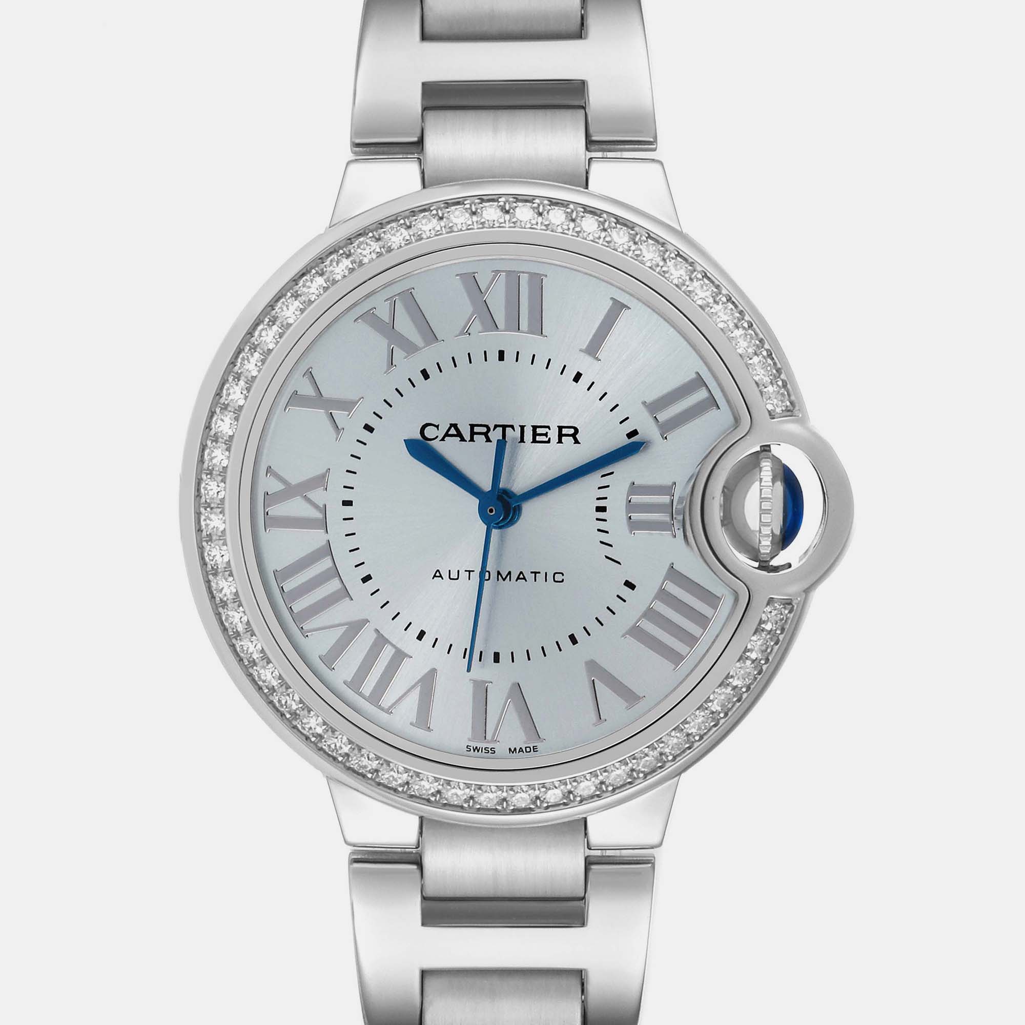 Cartier Ballon Bleu Blue Silver Diamond Dial Steel Watch 33.0 Mm